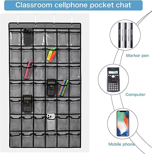 Vista 14 de 36 bolsillos transparentes para el aula para teléfono celular y soporte para calculadora, bolsillo para colgar en la puerta para el aula con Azul-1