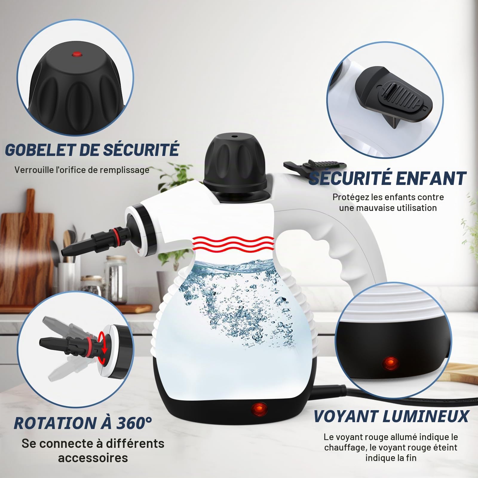 Nettoyeur vapeur portable pour tout, avec 10 accessoires, nettoyeur vapeur domestique pour tapis, rideaux, canapés, cuisine, salle de bain