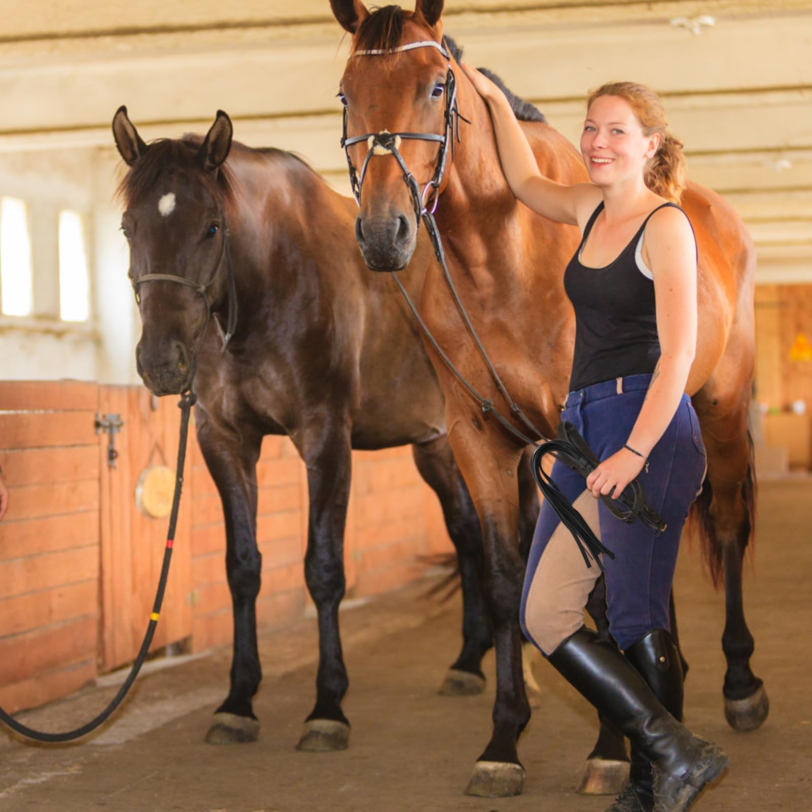 Fouet en Cuir Frangé d'Entraînement Équestre pour Sports d'Équitation (Noir)