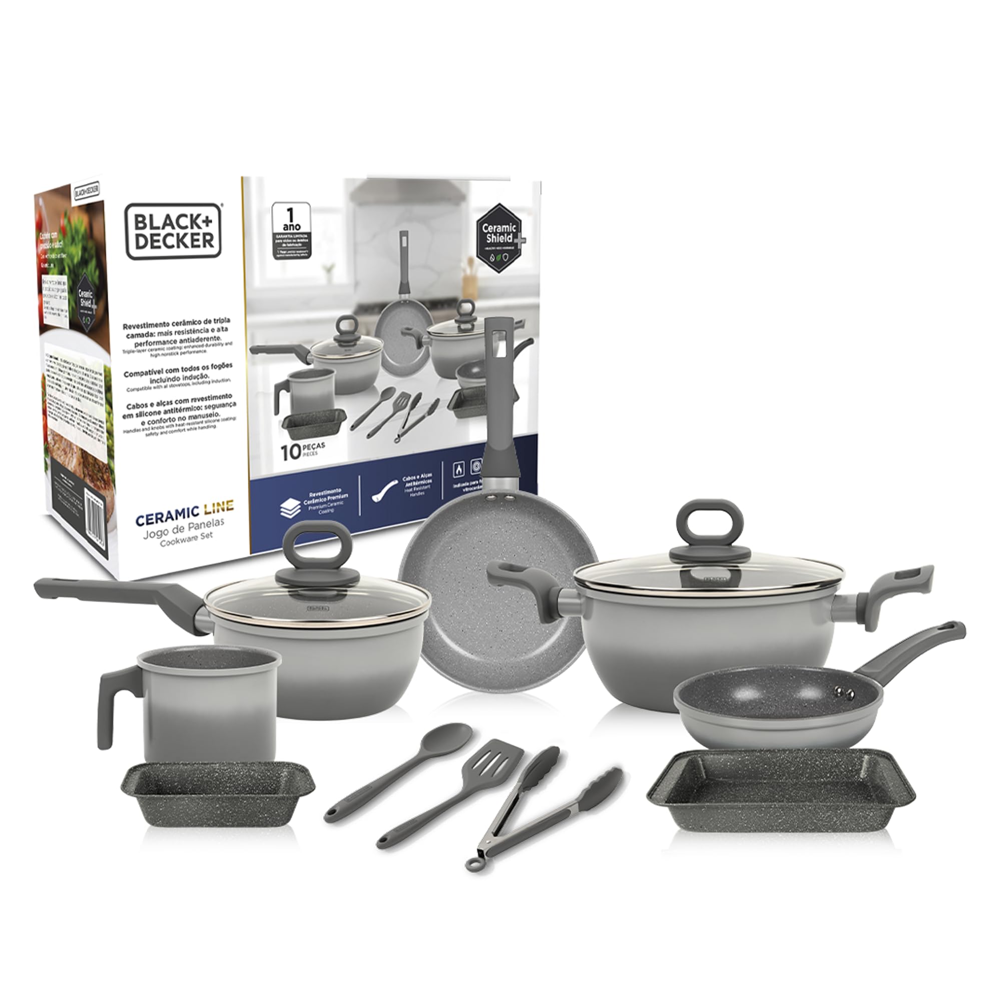 BLACK+DECKER JOGO DE PANELAS 10 PEÇAS CERAMIC LINE - CORPO COM REVESTIMENTO CERÂMICO ANTIADERENTE COM ACABAMENTO GREY GRADIENT, BASE COMPATÍVEL COM INDUÇÃO