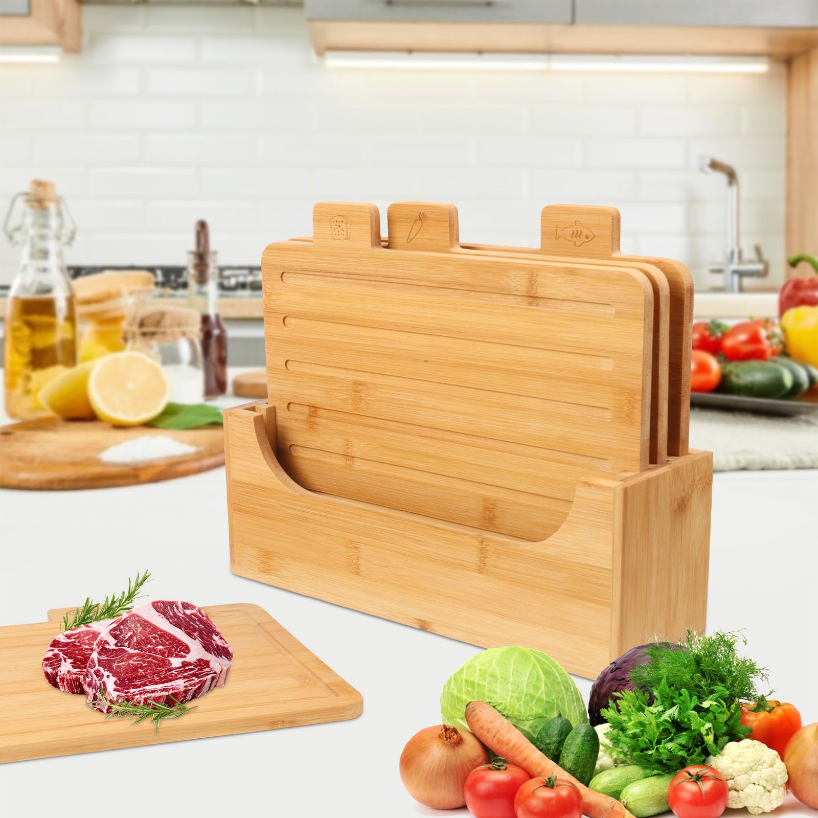 Juego de 4 tablas de cortar de bambú para cocina, tablas de cortar con soporte, tablas de cortar para carne, verduras, pescado y pan