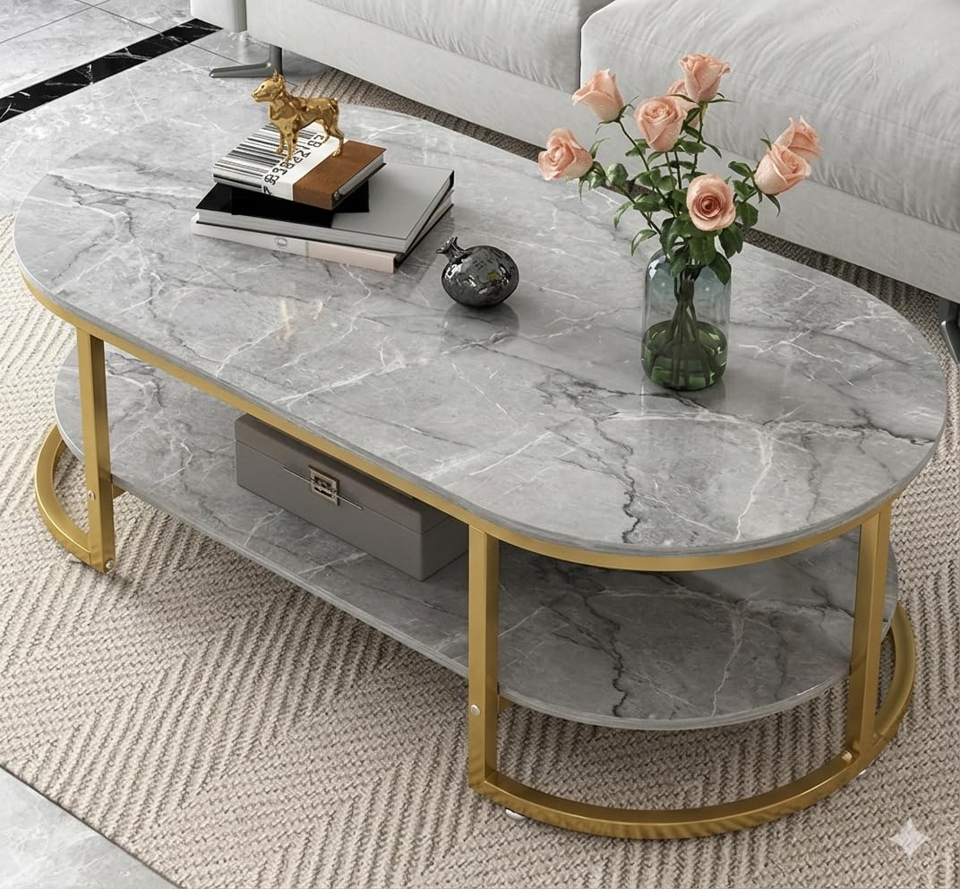 Welltrade Shoppee Coffee Table for Office, Dining, or Tea Room, Storage Shelf Center Table for Living Room, 2 Tier Simple Coffee Cocktail Table with Marble Desktop and Gold Metal Frame (Gold & Grey)