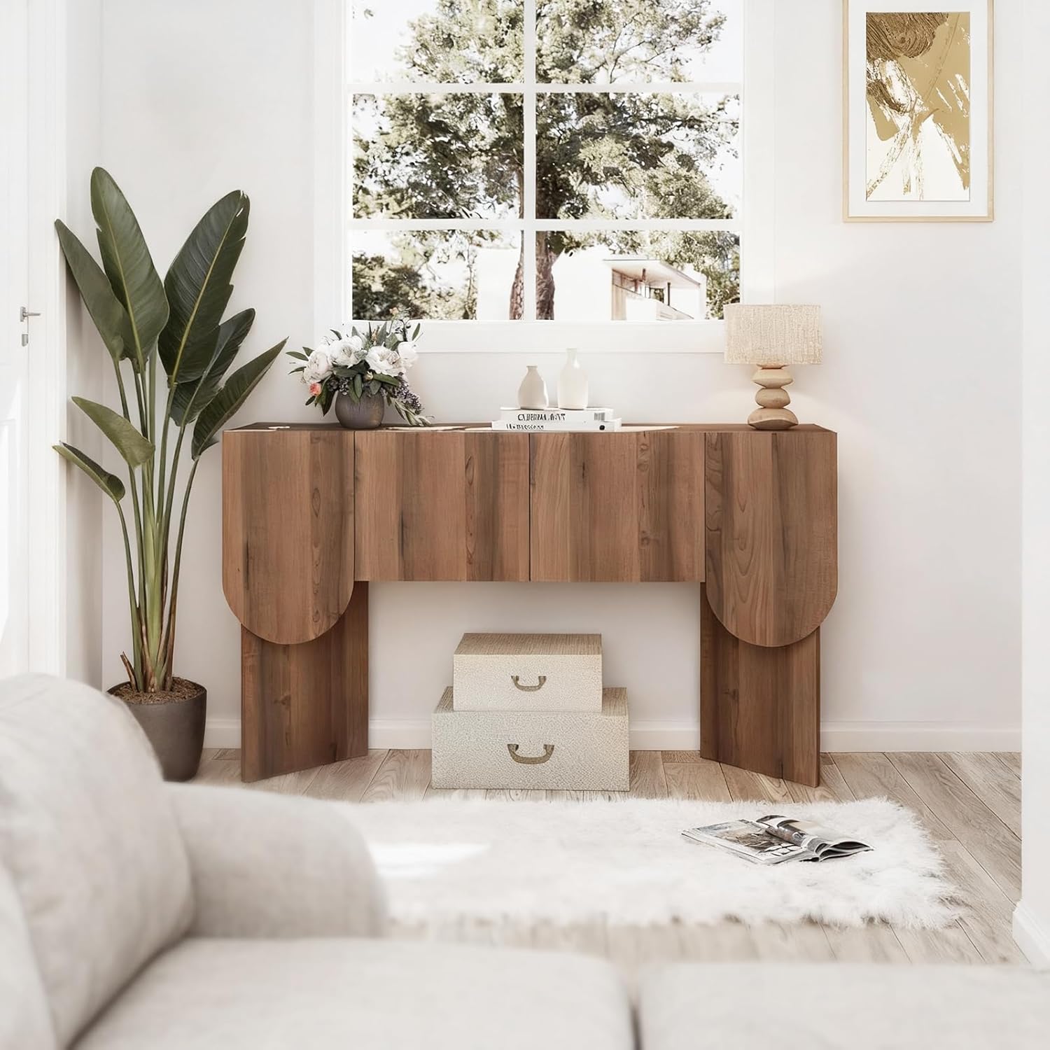 Solid Wood Console Table, Narrow Entryway Table with 2 Storage Doors, Modern Couch Sofa Shelves Small Entry Way Tables for Entryway, Front Hall, Hallway (Walnut, 47.24IN)