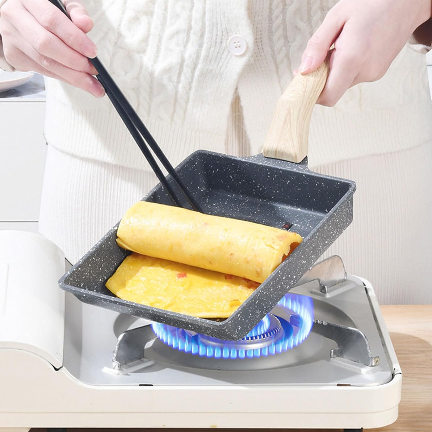 HUHJYUGE Non-Stick Tamagoyaki Pan, Japanese Style Rectangle Omelette Pan, Flat Frying Skillet for Eggs, Pancakes, and Breakfast Cooking, Maifan Stone Coating, with Handle (A)