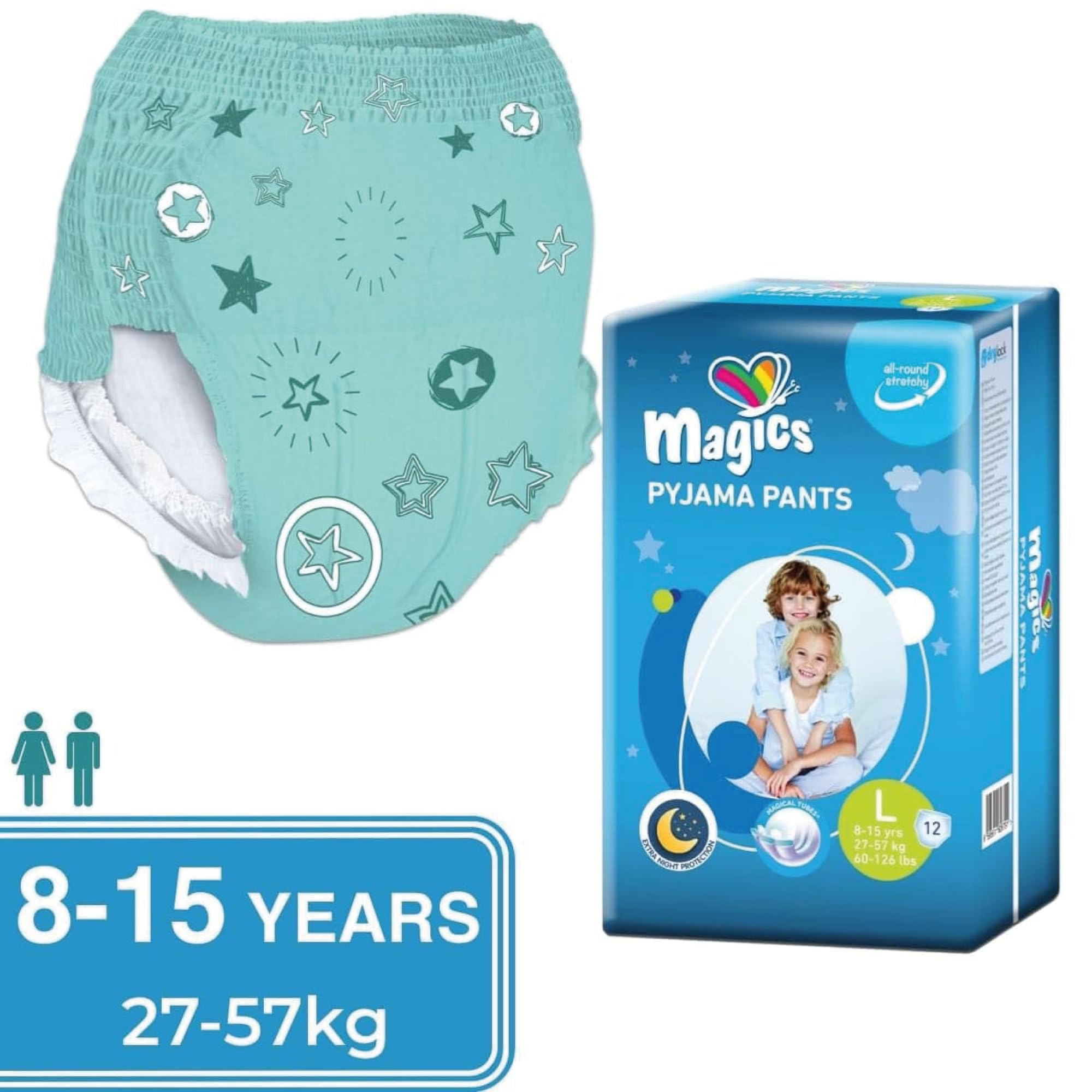 Magics Pyjama Pants - 24x Pañales para Niño 8-15 Años - Talla L (27-57 kg) - 24 Pañal por Durante la Noche con Protección Anti-Fugas, 2 Paquetes de 12