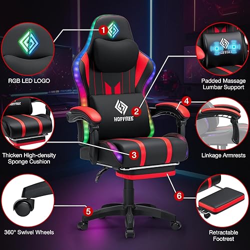 Miniatura 8 de HOFFREE Silla de juegos con ritmo de música, luces LED RGB y altavoces Bluetooth, silla ergonómica de masaje para computadora con reposapiés, silla