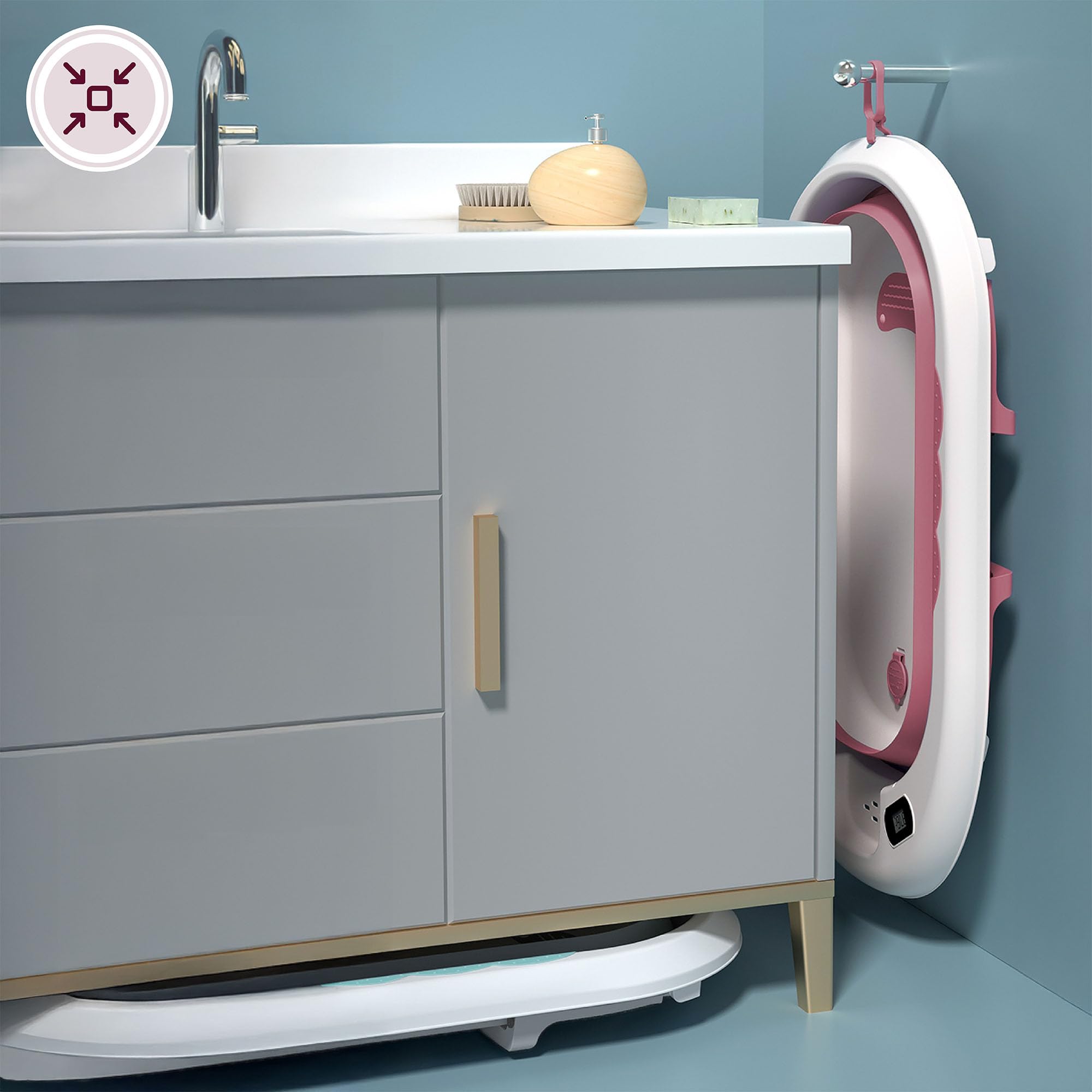 Moby-System Bañera Bebé Plegable con Termómetro LCD Incluye Inserto Soporte Alto y Bajo Vasito de Ballena – Compacta y Segura desde Recién Nacido – Rosa Empolvado