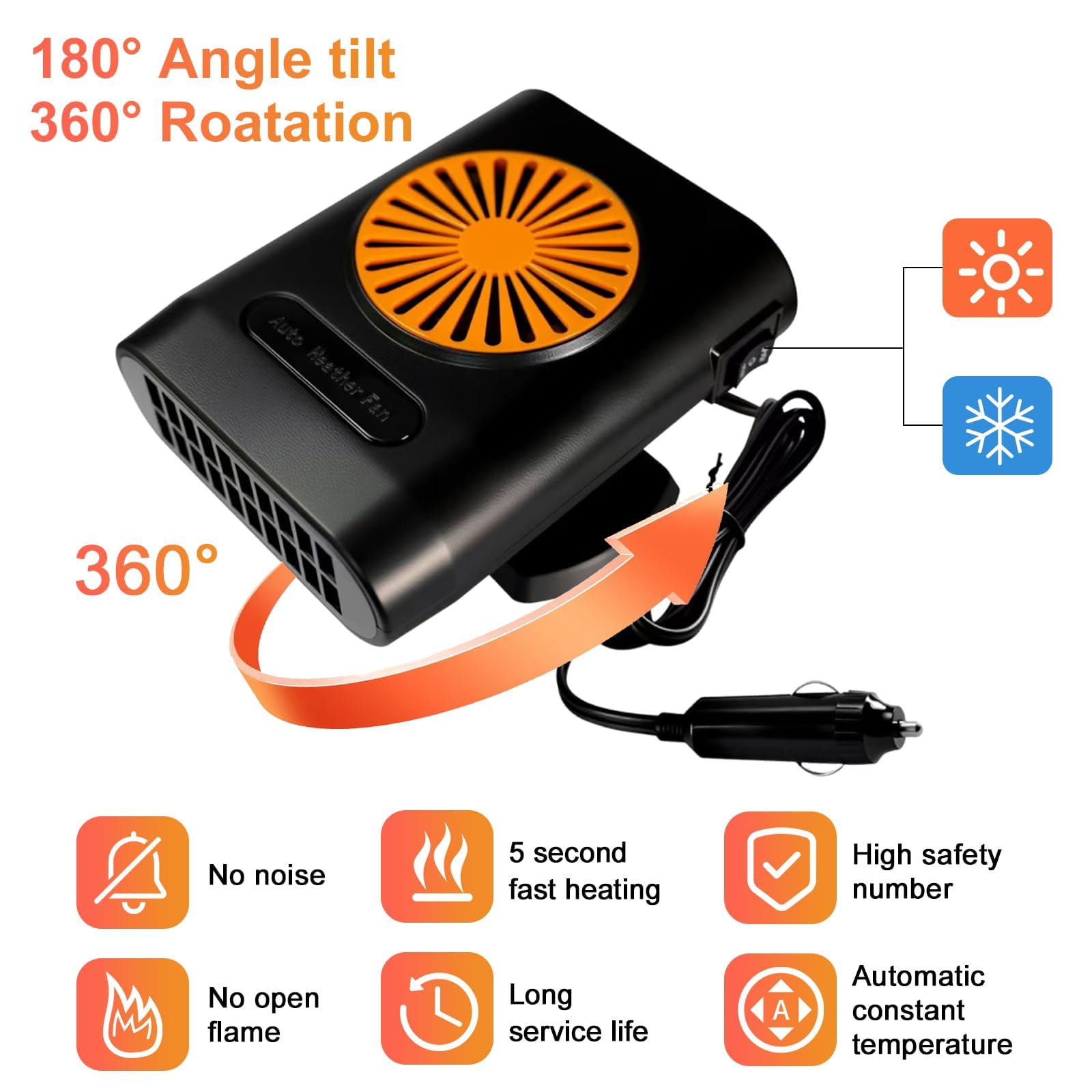 Chauffage de Voiture Portable 12 V 200 W - Chauffage Rapide pour véhicules - Fonction Chauffage et Refroidissement 2 en 1 - Dégivreur de Pare-Brise - Prise dans l'allume-Cigare