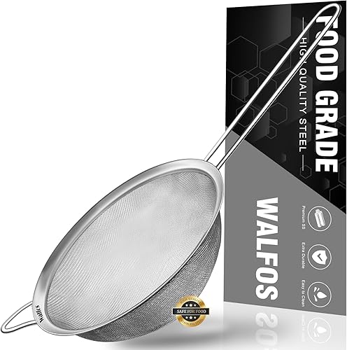 Walfos Colador de malla fina de 6.3 pulgadas, coladores y tamices de acero inoxidable de alta calidad, con marco reforzado y mango resistente,