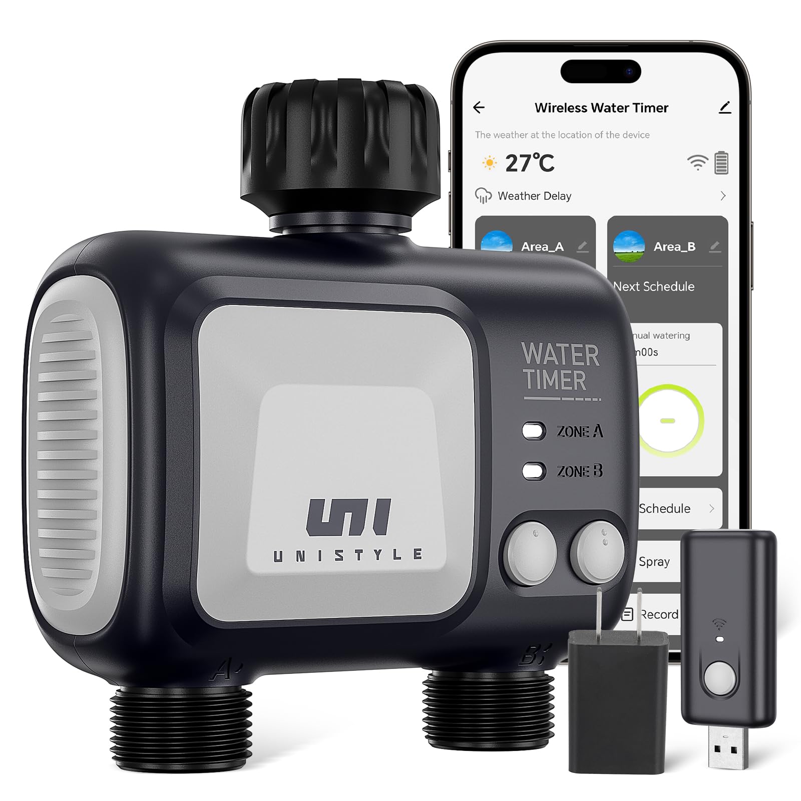 WiFi Sprinkler Timer 2 Zone, Unistyle Programmable Smart Water Timers 2 Outlet, WiFi Irrigation Controller with Rain Delay, Auto Mode Manual Mode, Outdoor Hose Timer for Patio Lawns, Yards and Garden