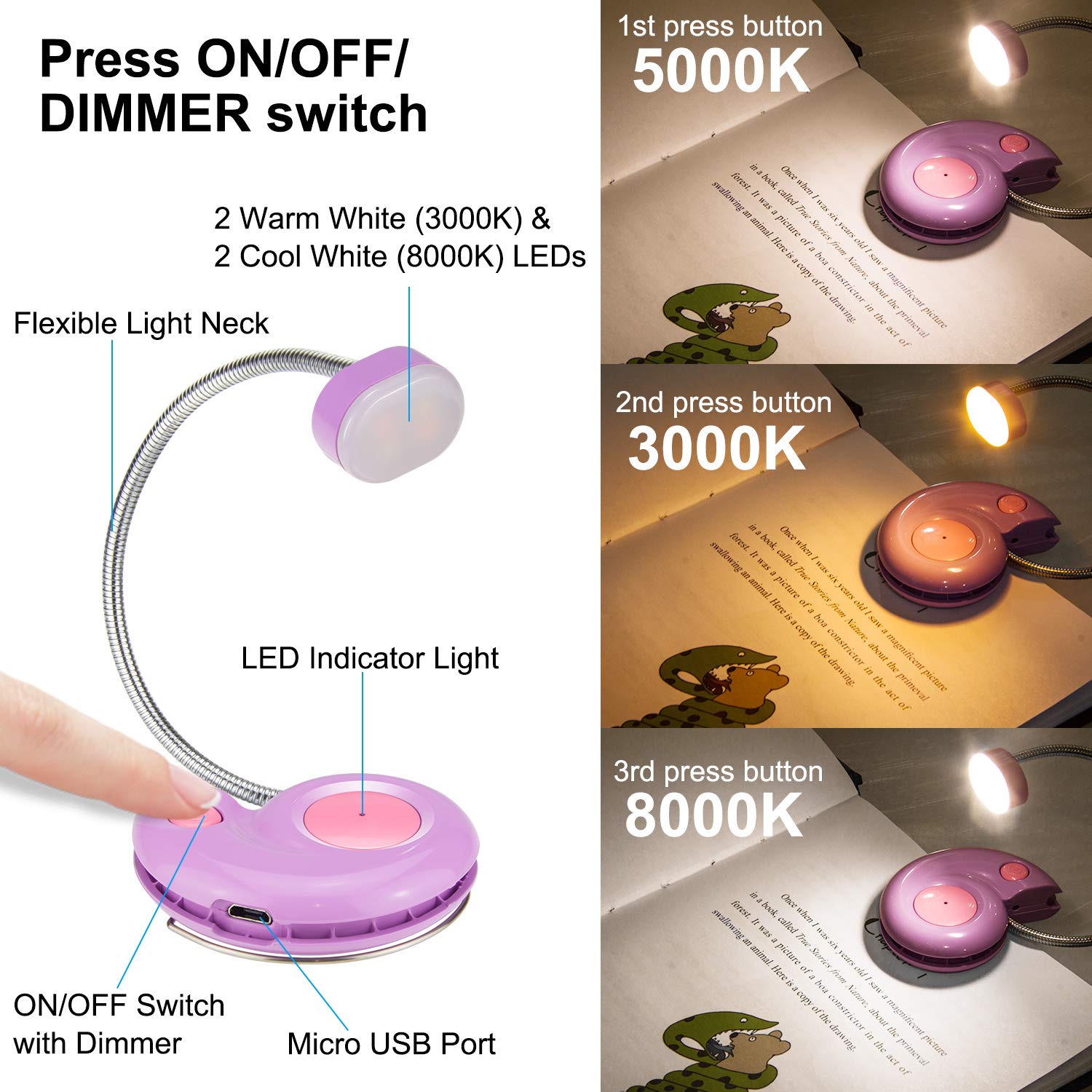 LUXSWAY Rechargeable Book Light, Portable Reading Lamp, Eye Care Book Light for Kid, Bookmark Light for Adult Bookworm -Violet