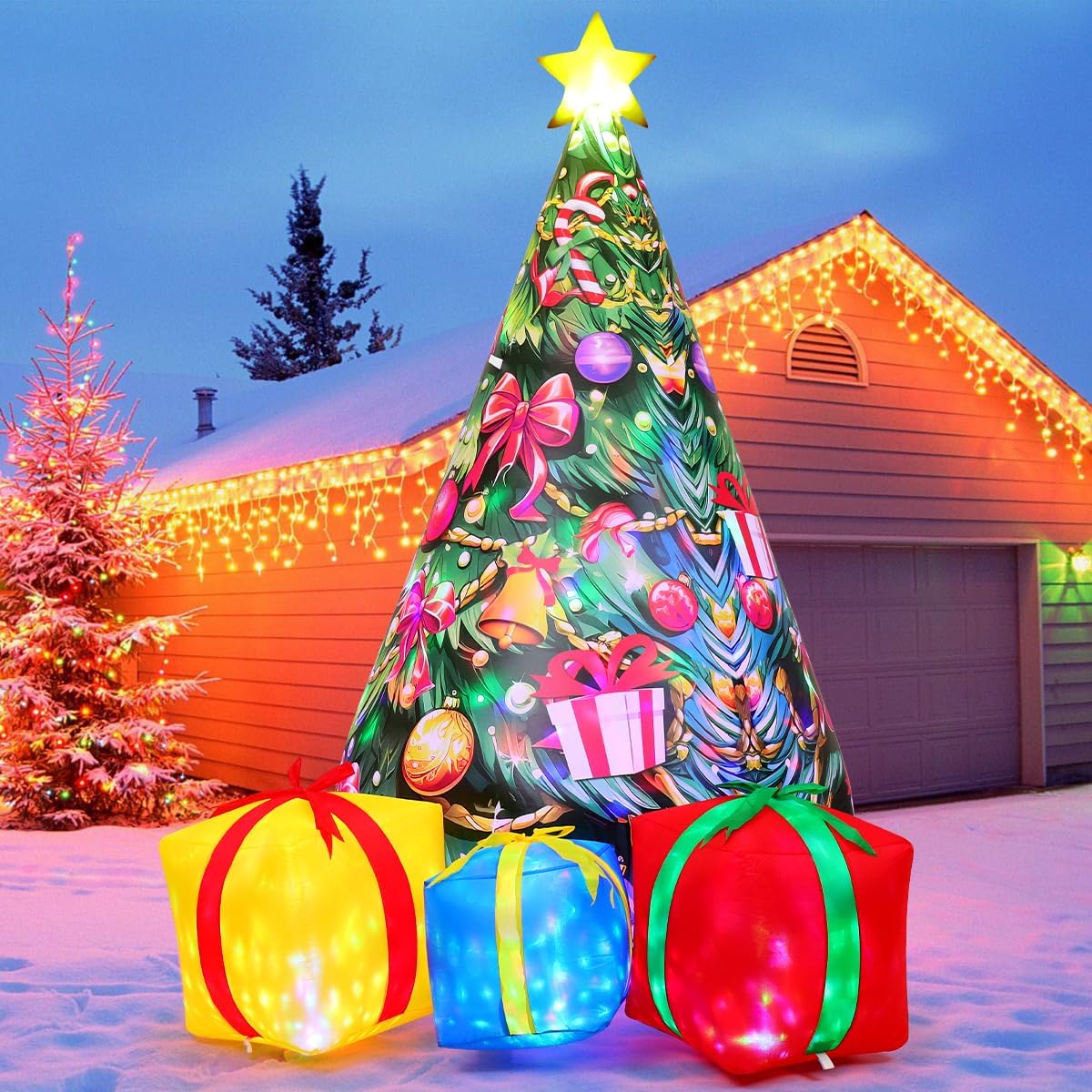 GOOSH 7.8 FT Christmas Inflatables Tree Outdoor Decorations Blow Up Christmas Tree Gift Box Yard with Colorful Light for Holiday Party Indoor Garden Lawn Decor (Pink)