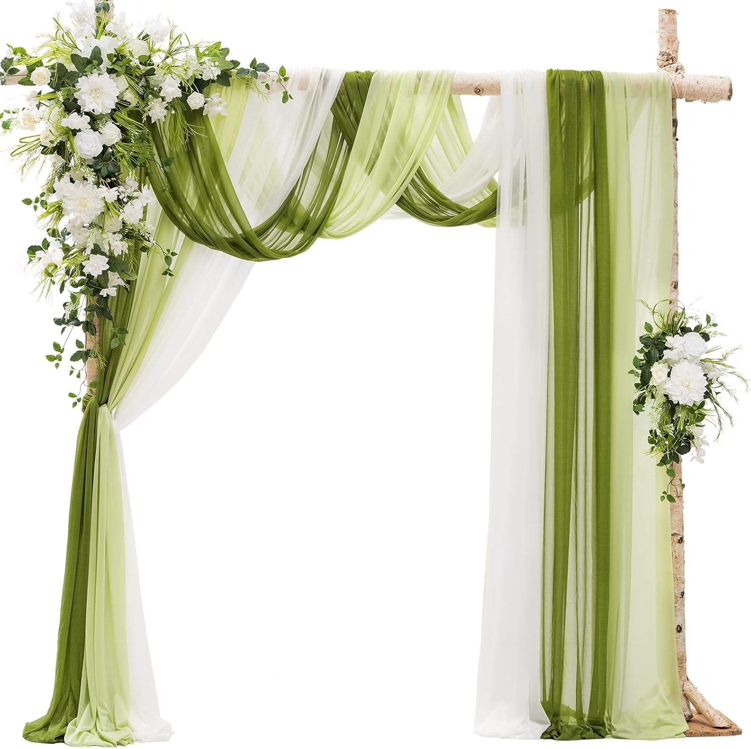 Ling's Moment Deluxe Wedding Arch Flowers with Sheer Drapes Kit - Artificial White and Green Floral Arrangements for Ceremony Backdrop, Arbor Decor, 5-Piece Set (2 Flower Stems + 3 Hanging Drapes) Wht-white & Lily & Olive