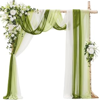 Ling's moment Deluxe Wedding Arch Flowers with Sheer Drapes Kit - Artificial White and Green Floral Arrangements for Ceremony Backdrop, Arbor Decor, 5-Piece Set (2 Flower Stems + 3 Hanging Drapes)