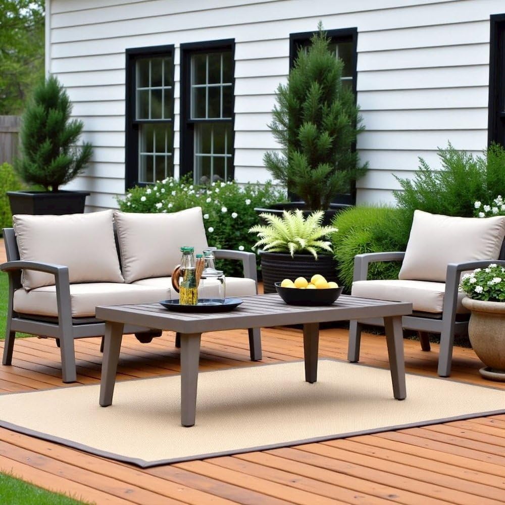 Brown Metal Outdoor Coffee Table for Patio, Rectangular Design with Durable Frame, Coffee Table for Outside Relaxation and Dining