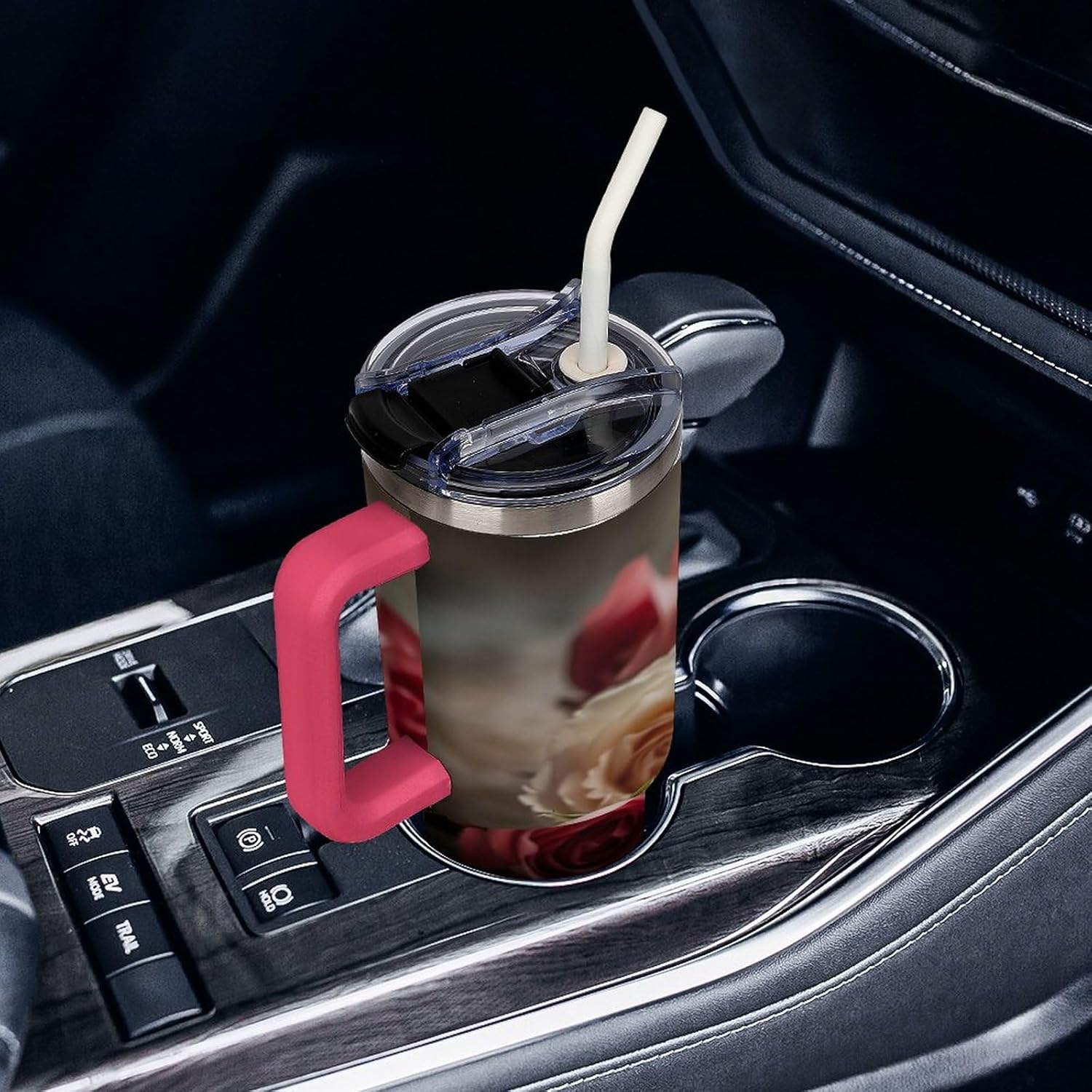 40oz Large Capacity Heart Shape And Rose Print Car Cup Holder - Spill-Proof,Insulated Travel Mug for Car,Fits Most Vehicle Cup Holders,Big Water Bottle for Road Trips, Commuting,and Outdoor Adventures