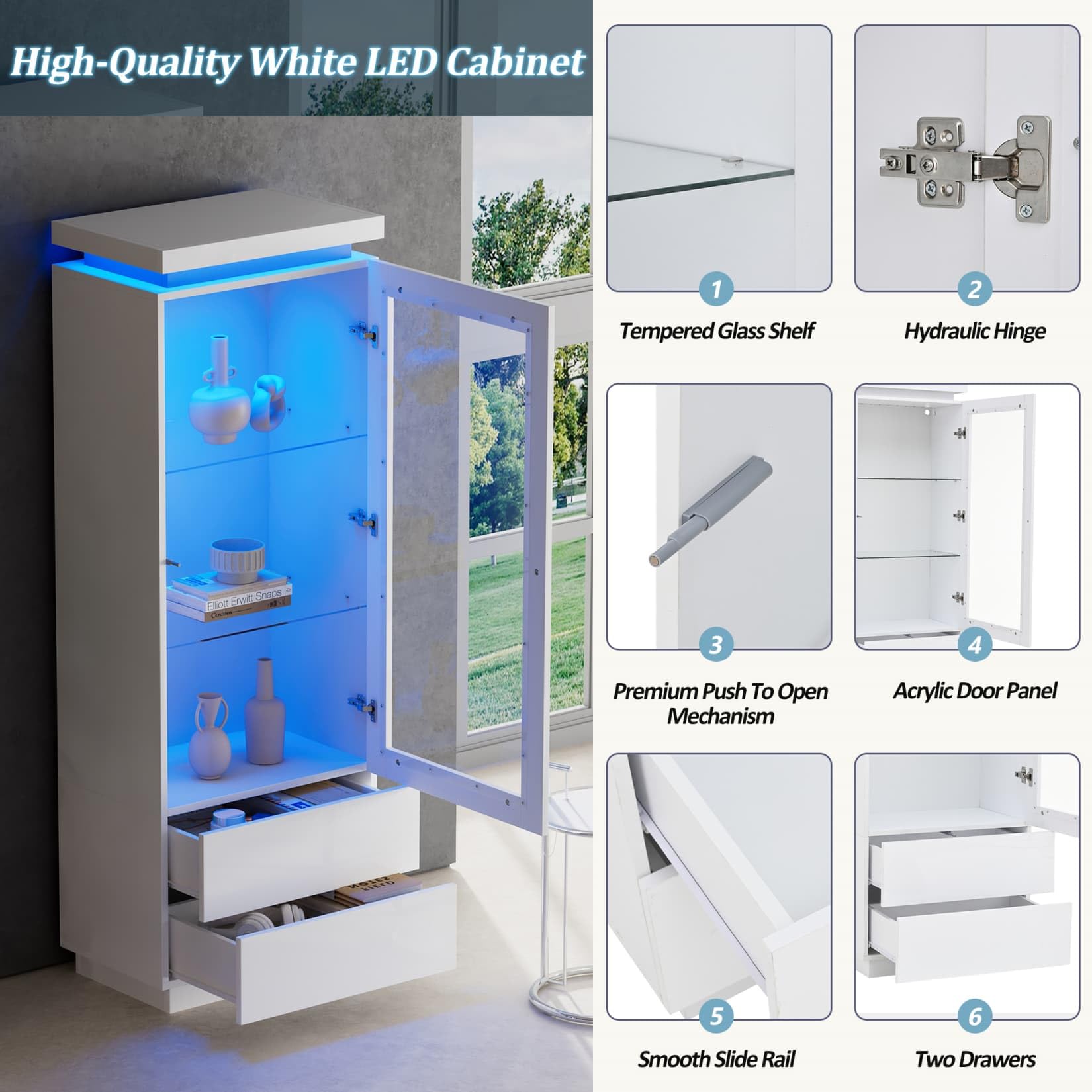Buffet Salon Hauts 60x40x171cm,Vitrine Brillante,Meuble de Rangement,Meuble Cuisine avec éclairage LED Réglable,2 Tiroirs,Étagères en Verre à 3 Niveaux,pour Salon(E-Blanc)
