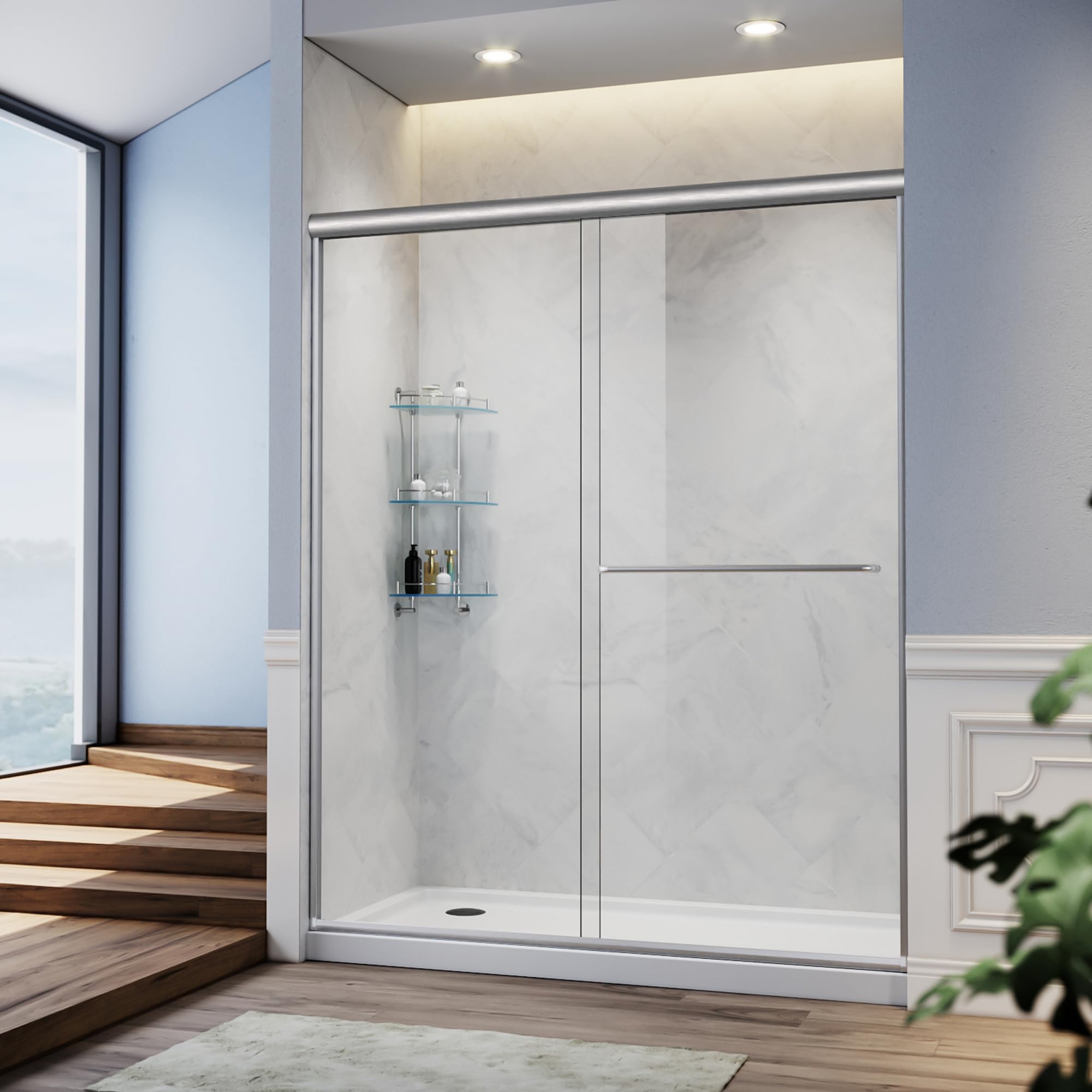 SUNNY SHOWER 60 in.W x 72 in.H Semi-Frameless Shower Door, DoubleSliding Glass Shower Door, 1/4" Clear Glass Shower Enclosure, Brushed Nickel Finish