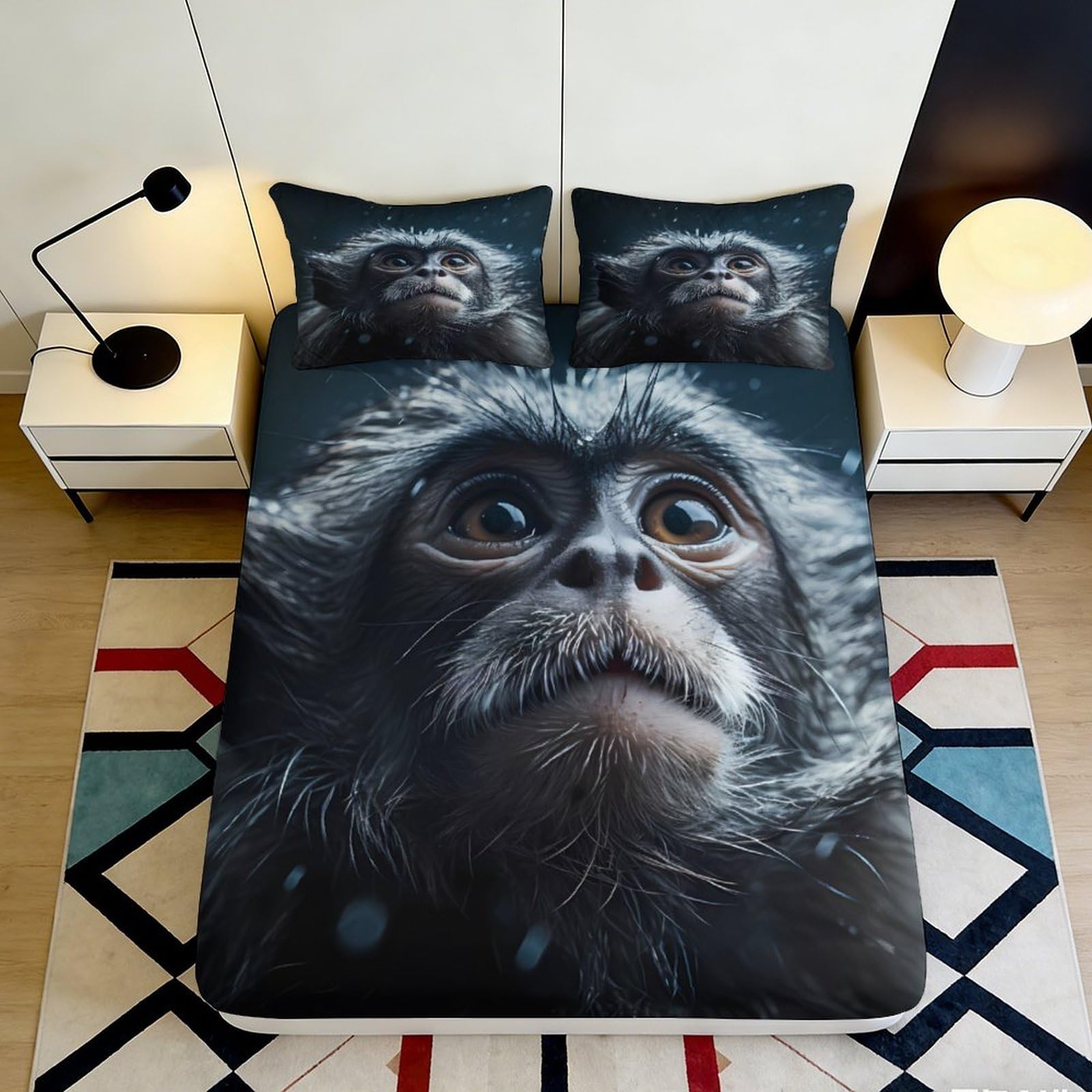 3D Printed Monkey Face Fitted Sheet Microfiber Animal Art Bed Cover for Bedroom Dorm Mattress Protection Decor 90x200x25cm
