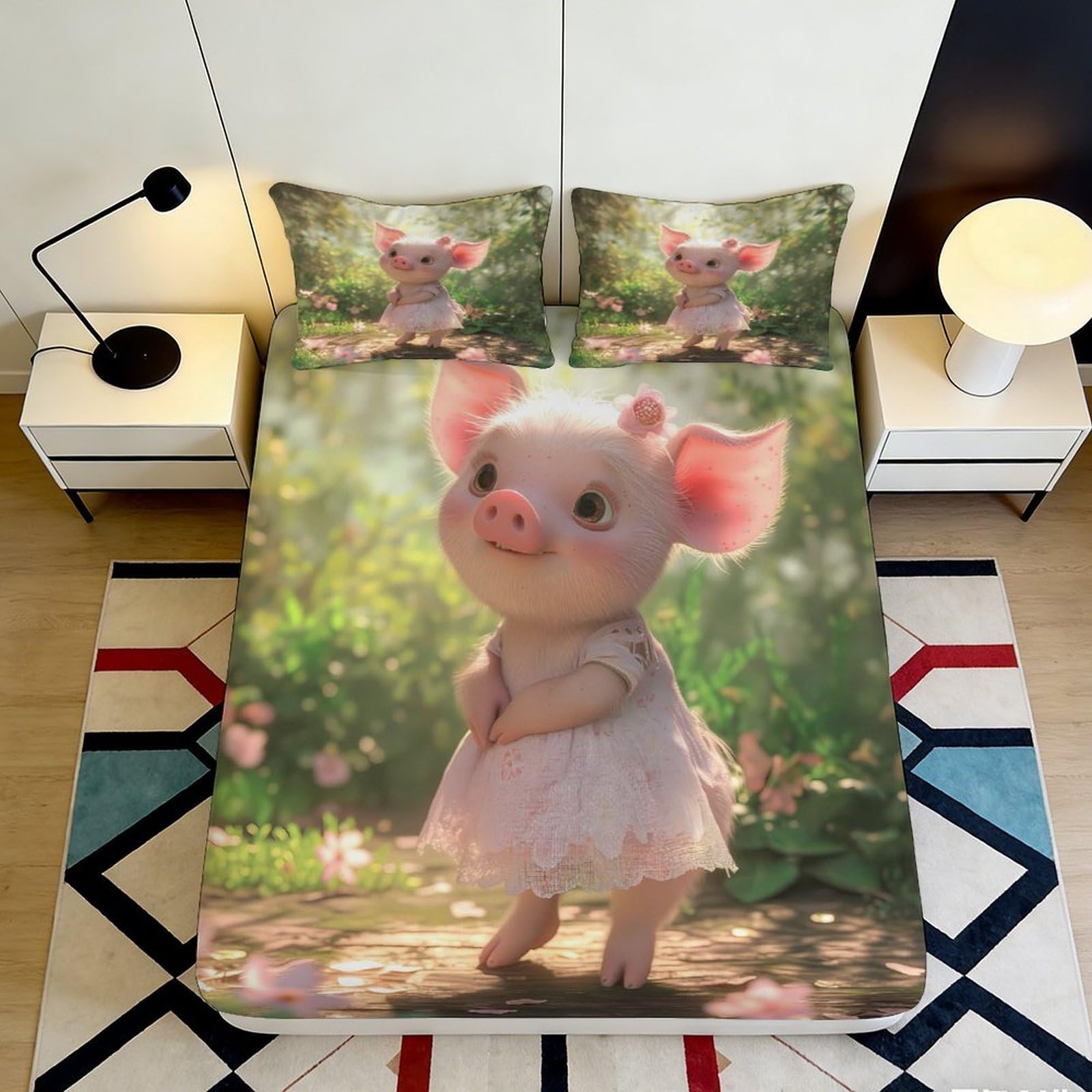 3D Printed Cute Piggy Fitted Sheet Microfiber Soft Pink Cartoon Forest Bed Cover for Bedroom Guest Room Decor 90x200x25cm