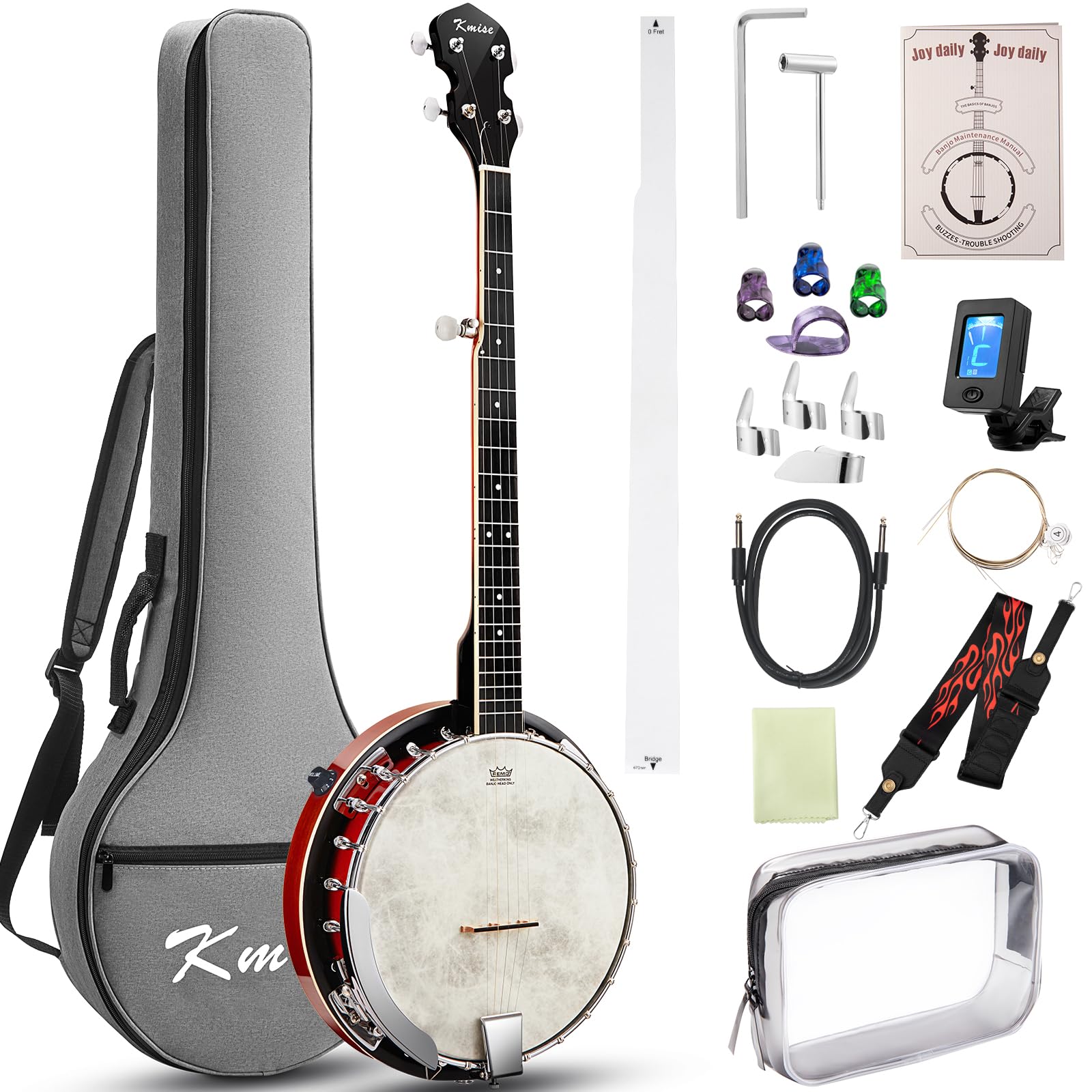 Kmise Banjo, 5 String Electric Acoustic Banjos with Remo Head Full Size 38 Inch Closed Back with Removable Resonator, Strings Pack, Finger Picks, Strap, Case for Beginners Adults Starter Gift