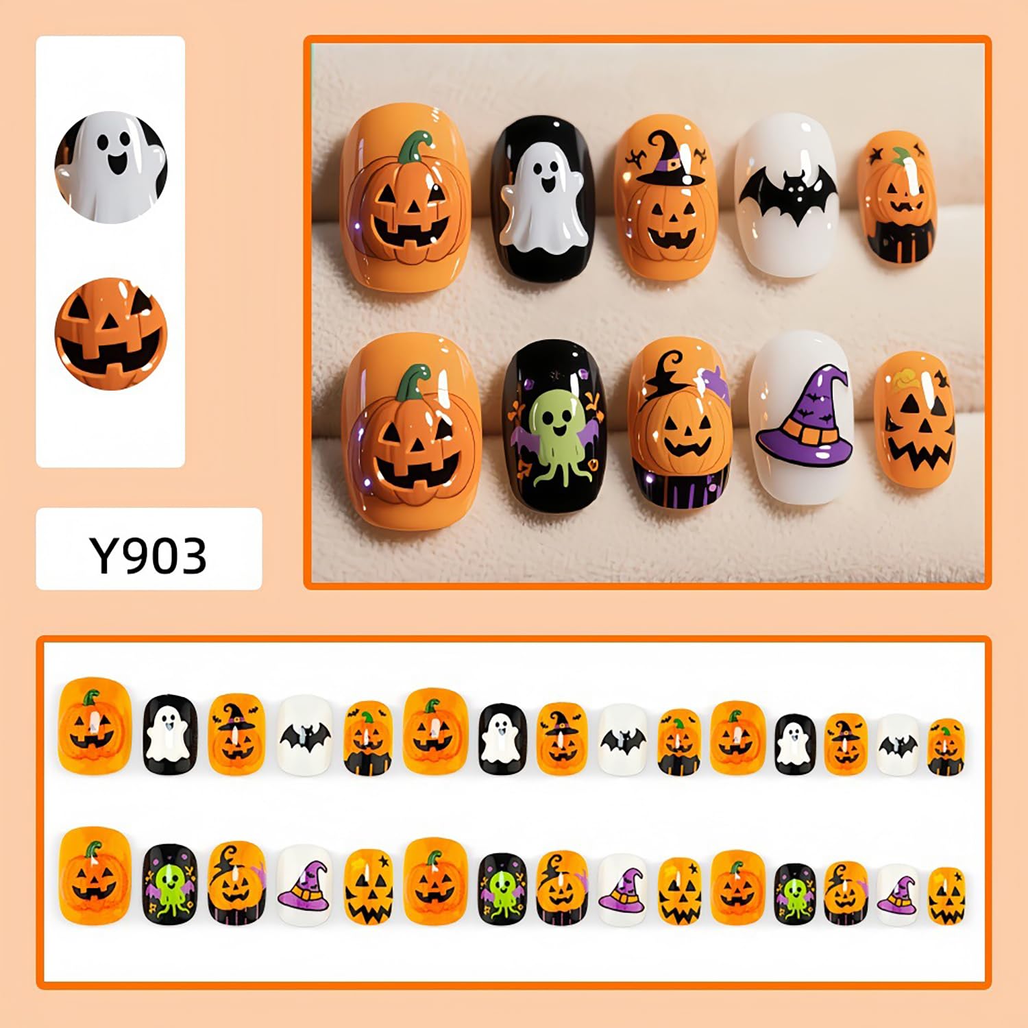 30Pcs Short Square Halloween Press on Nails Cute Cartoon Fake Nails With Pumpkin Ghost Witch Hat Bat Design Reusable Acrylic Nails Full Cover Stick on Nails for Women Cosplay Manicure Decor image 2