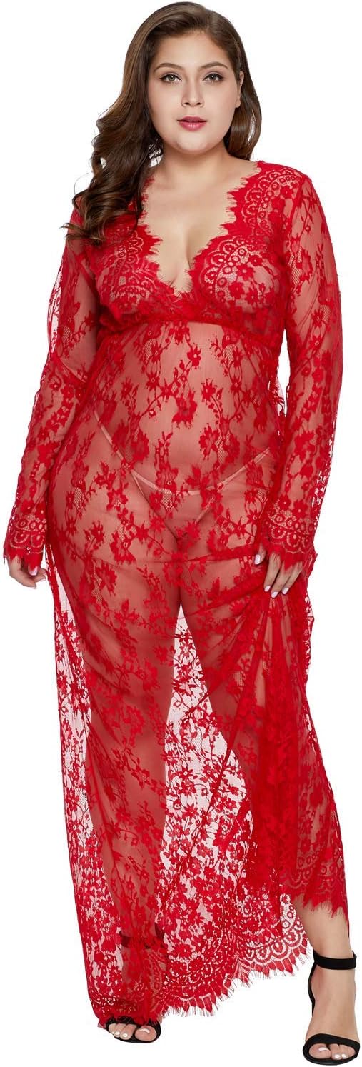 Women Plus Size Floral Lace Nightgown Long Lingerie Sleepwear Chemise Red XL