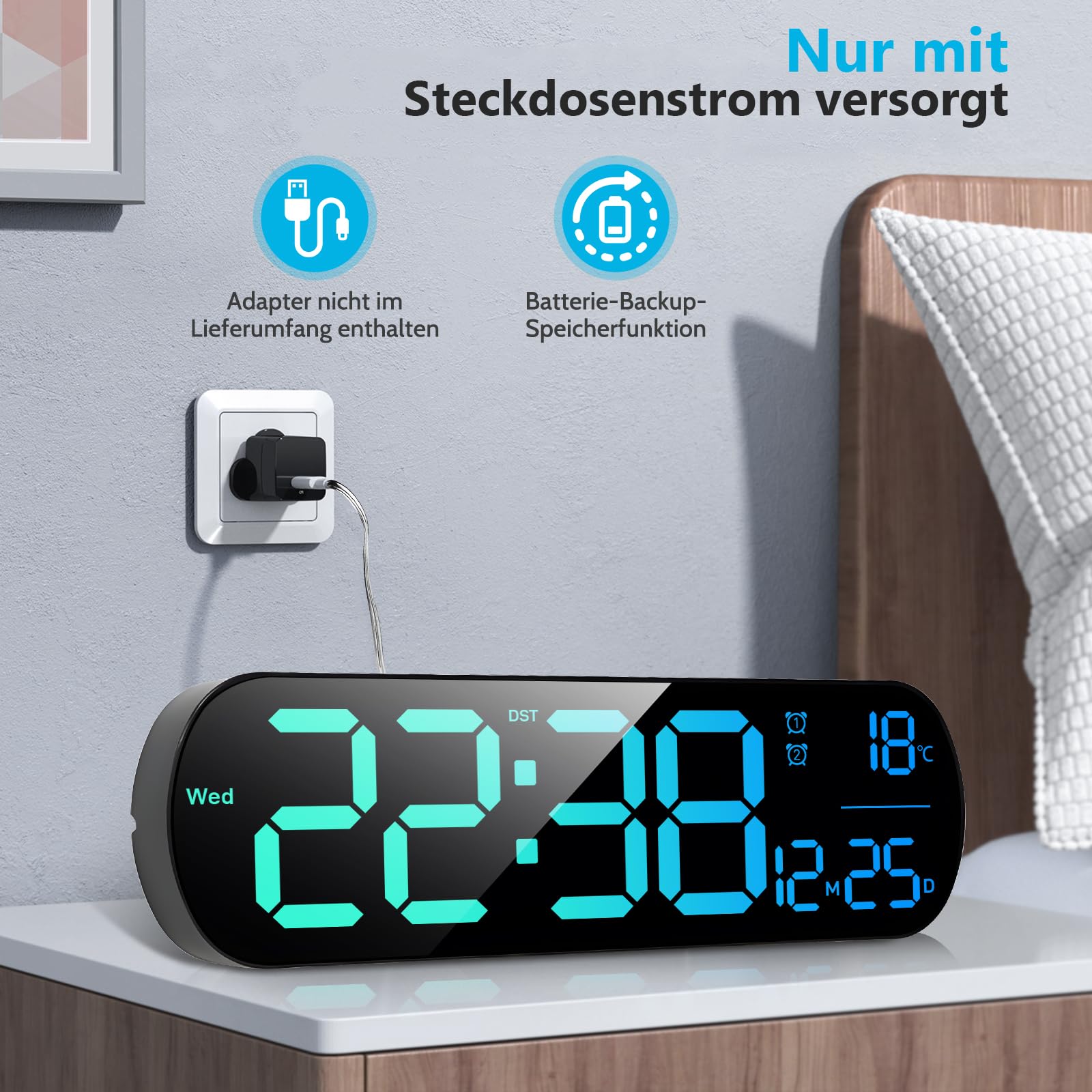 Grande horloge murale numérique de 30,5 cm avec compte à rebours, réveil, grande LED, 11 couleurs RVB, affichage de l'heure d'été et de la température pour salon, salle de classe, bureau, Noël et