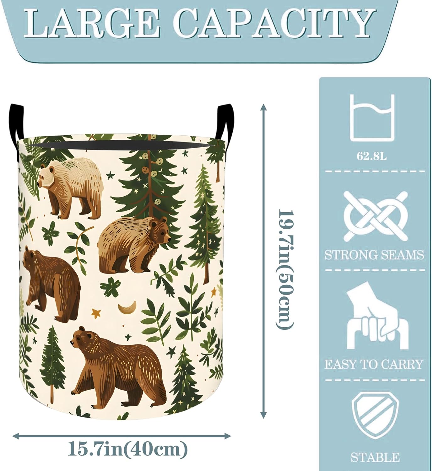 Woodland Bear Forest Laundry Basket, Dirty Collapsible Clothes Toy Organizer Hamper for Kids Adults, Oxford Cloth Waterproof Storage Bin for Bedroom Bathroom Nature Decor Gifts, 19.7"X15.7"