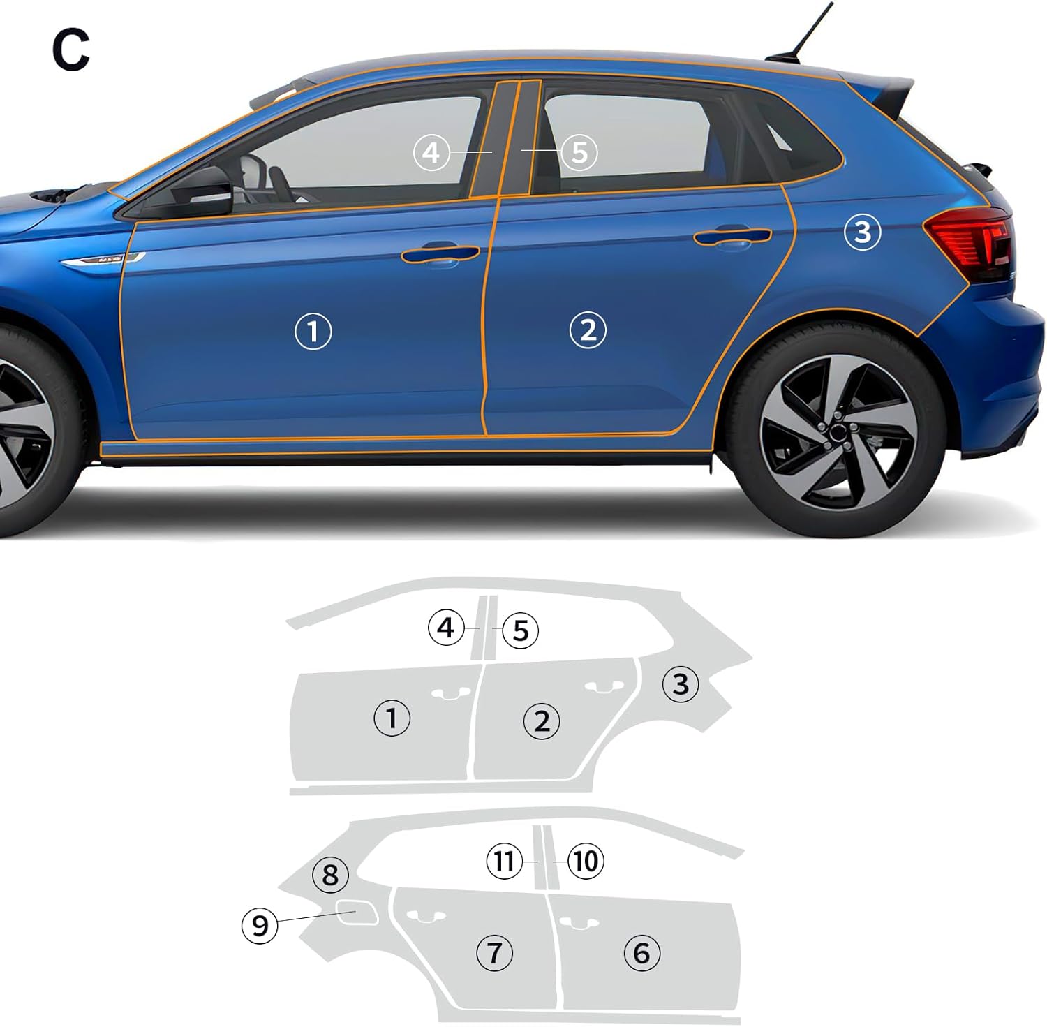 PPF Gloss Clear Precut Car Paint Protective Film for Volkswagen Polo R Line 2021-2023 TPU HD Film Scratch Protector Exterior Accessories (Door + Side Skirt Rear Side + B-Pillar 11Pcs)