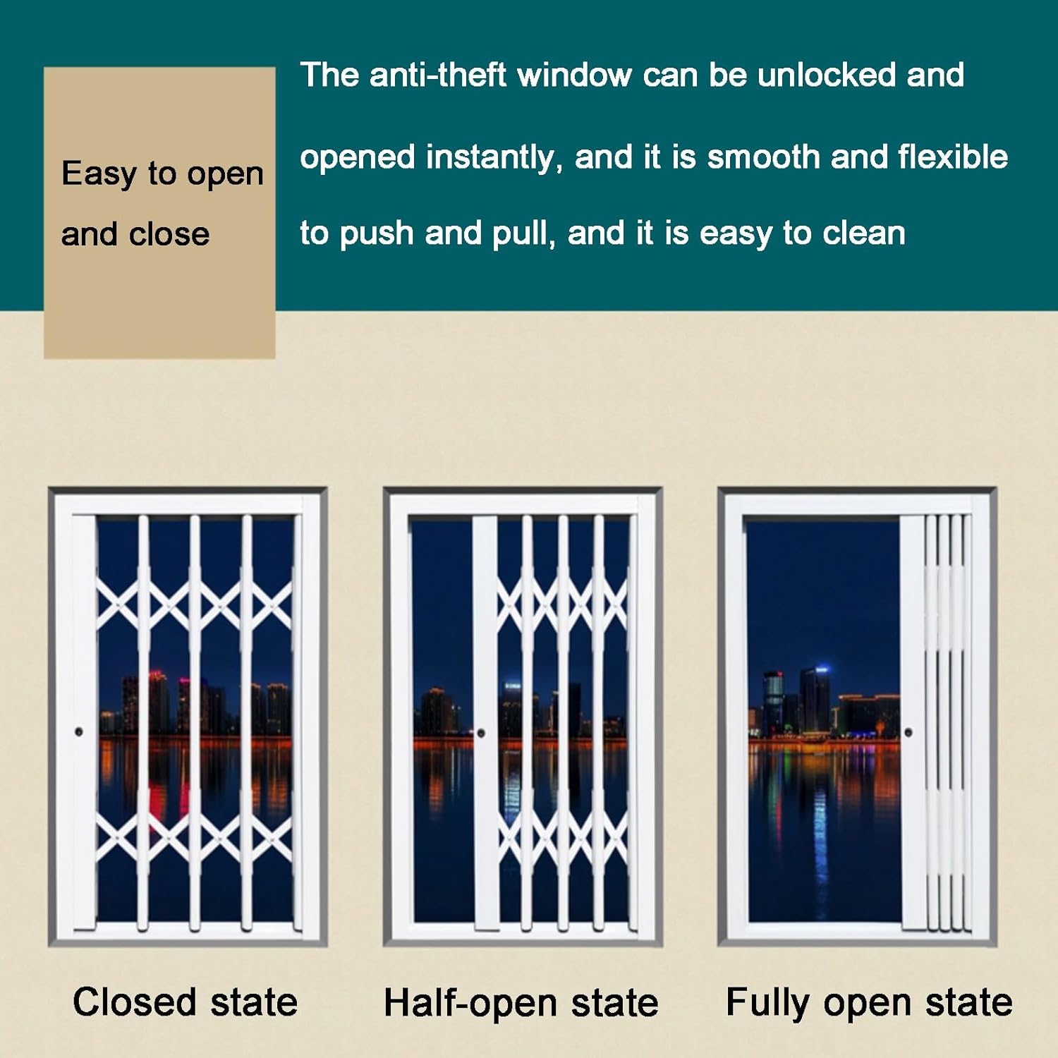 Aluminum Alloy Folding Security Window Bars for Home, Outdoor Anti-Burglary Sliding Windows with Lock, Single Hung Design for Balcony & Office (31.5"x43.3")