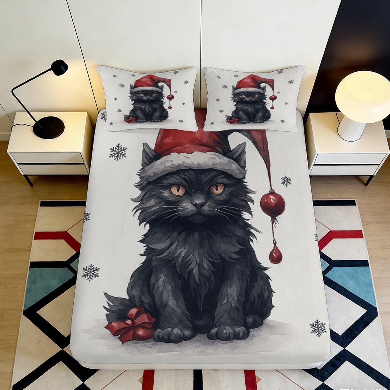 3D Printed Black Cat Christmas Fitted Sheet Microfiber Soft Durable Santa Hat Bed Cover for Bedroom Dormitory Guest Room Mattress Protection 140x200x25cm