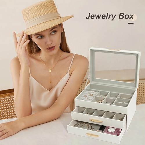 Miniatura 2 de V-LAFUY Joyero con tapa de vidrio, caja organizadora de joyas de 3 capas y 2 cajones, vitrina de joyería, organizador de joyas, cajas de joyería