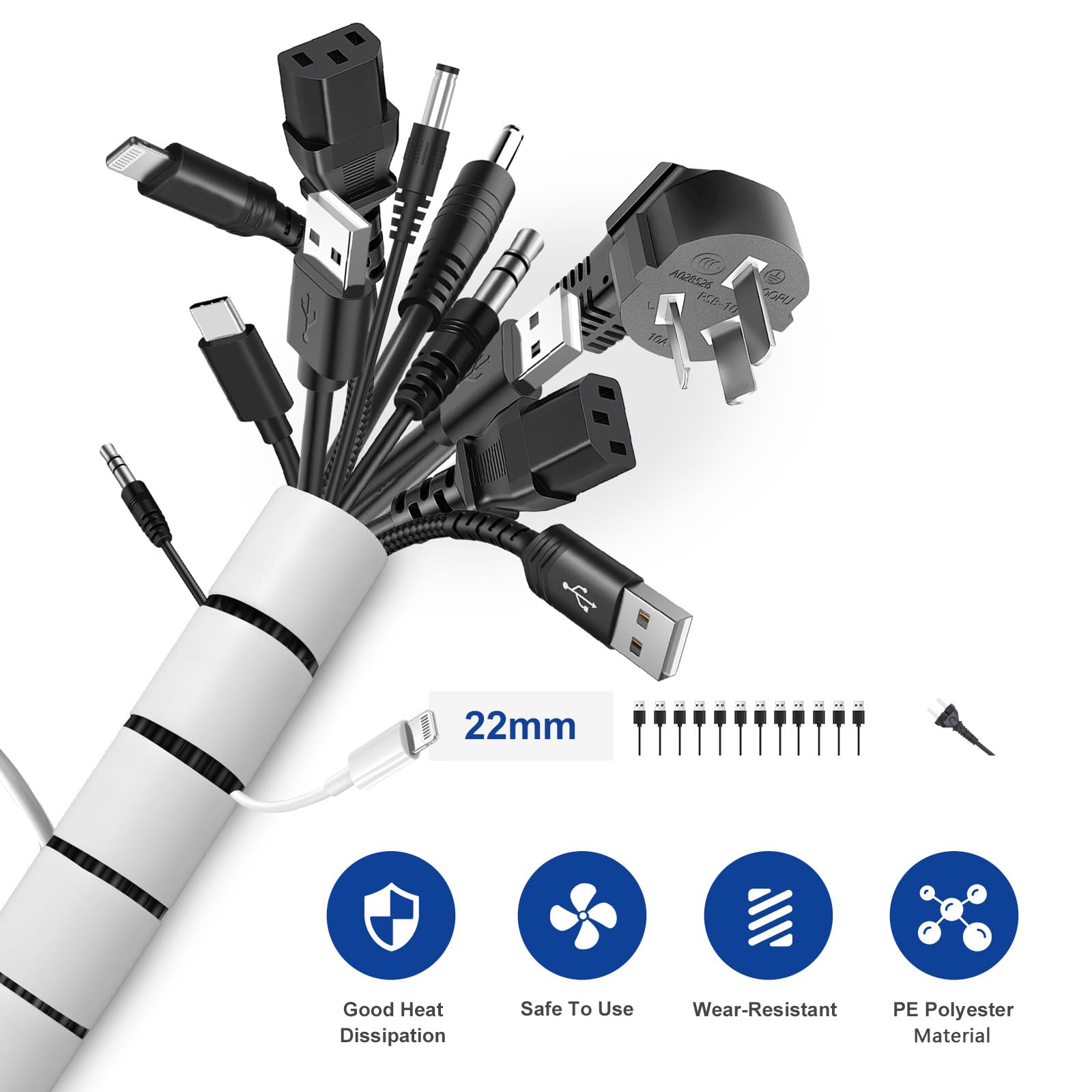 Pack De 2 Fundas Espirales Para Cables AiQInu – 3 Metros, Diámetros 22 Y 28 Mm, De PET Resistente De -50 A +150 °C, Cortables, Para TV, PC Y Cocina
