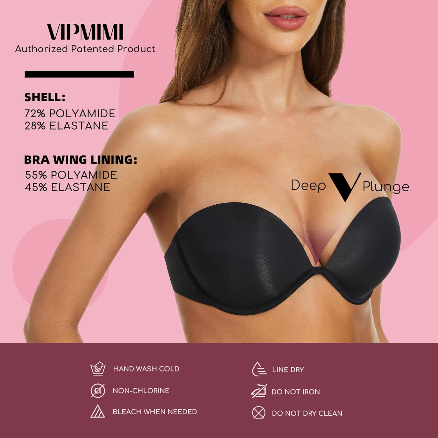 Women's Strapless Bra Push Up-Non Slip Invisible Underwire Low Back Multiway Support Padded Plunge Bra for Comfort Lift