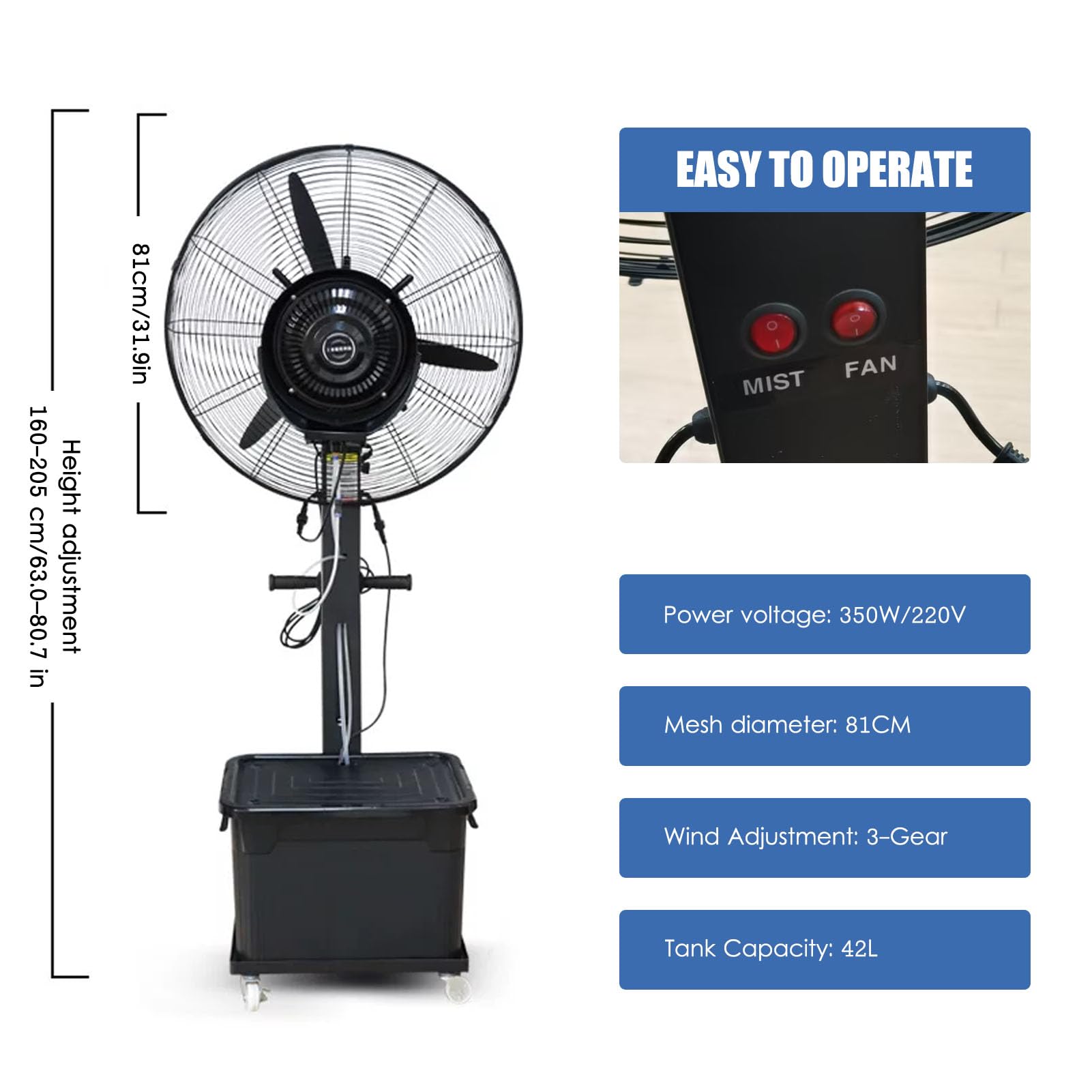 Ventilador Nebulizador de Exterior para Enfriamiento con Depósito de Agua de 42L, Ventilador Nebulizador de Pie, Oscilación de 90°, 3 Velocidades, para Uso Industrial, Comercial y Residencial