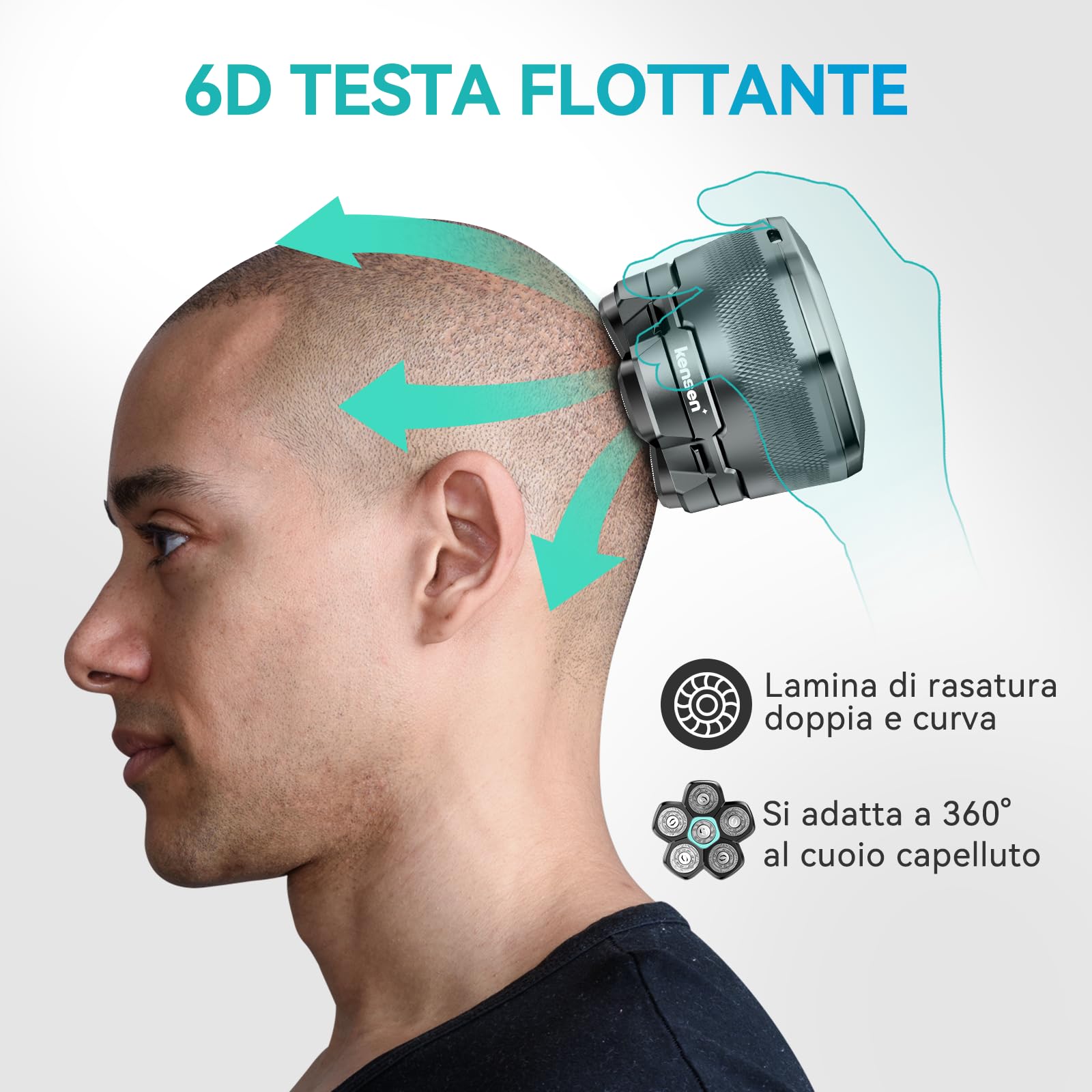 kensen Rasoio Elettrico Testa Calva Uomo 6D Rasoio Capelli Uomo 0 mm 160 Minuti di Autonomia Rasoio Testa Calva Fluttuante Impermeabile Cordless con Rasoio Testa Magnetiche & Porta di Carica USB-C