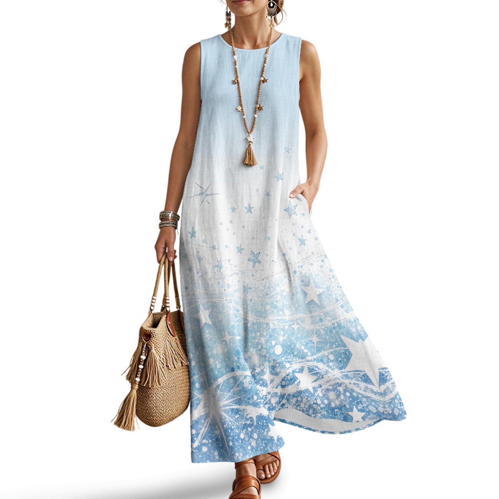 Women's Sleeveless Printed Sundress, Round Neck Loose Flowy Casual Dress with Pockets Summer Beach Vacation Dress
