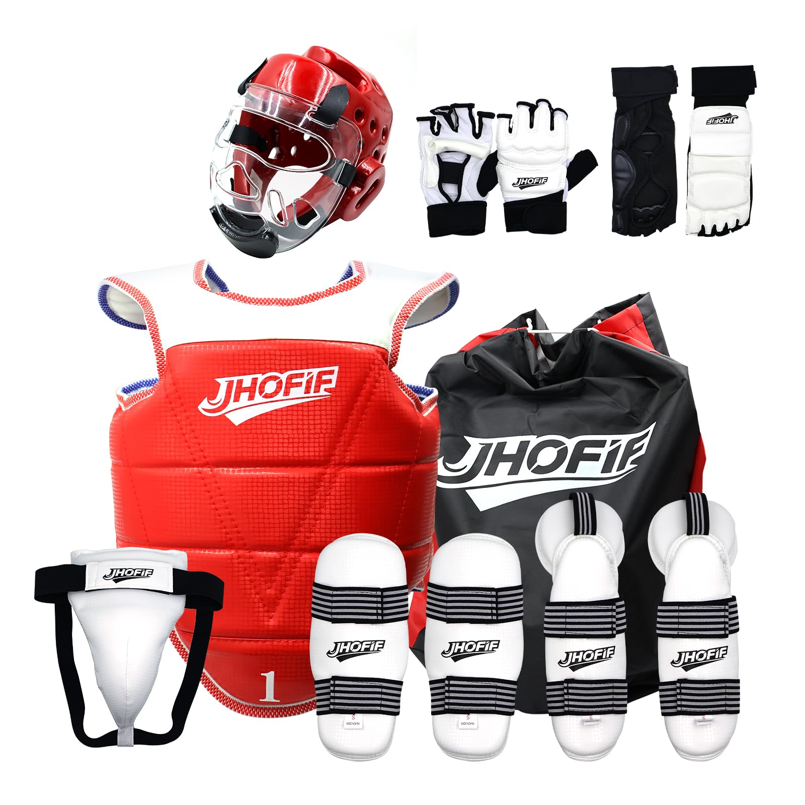 JHOFIF Sparring Gear 9PCS Set for Kids & Youth - Taekwondo Sparring Gear with Boxing Gloves, Headgear, Chest Guard, Boxing Equipment for Karate,