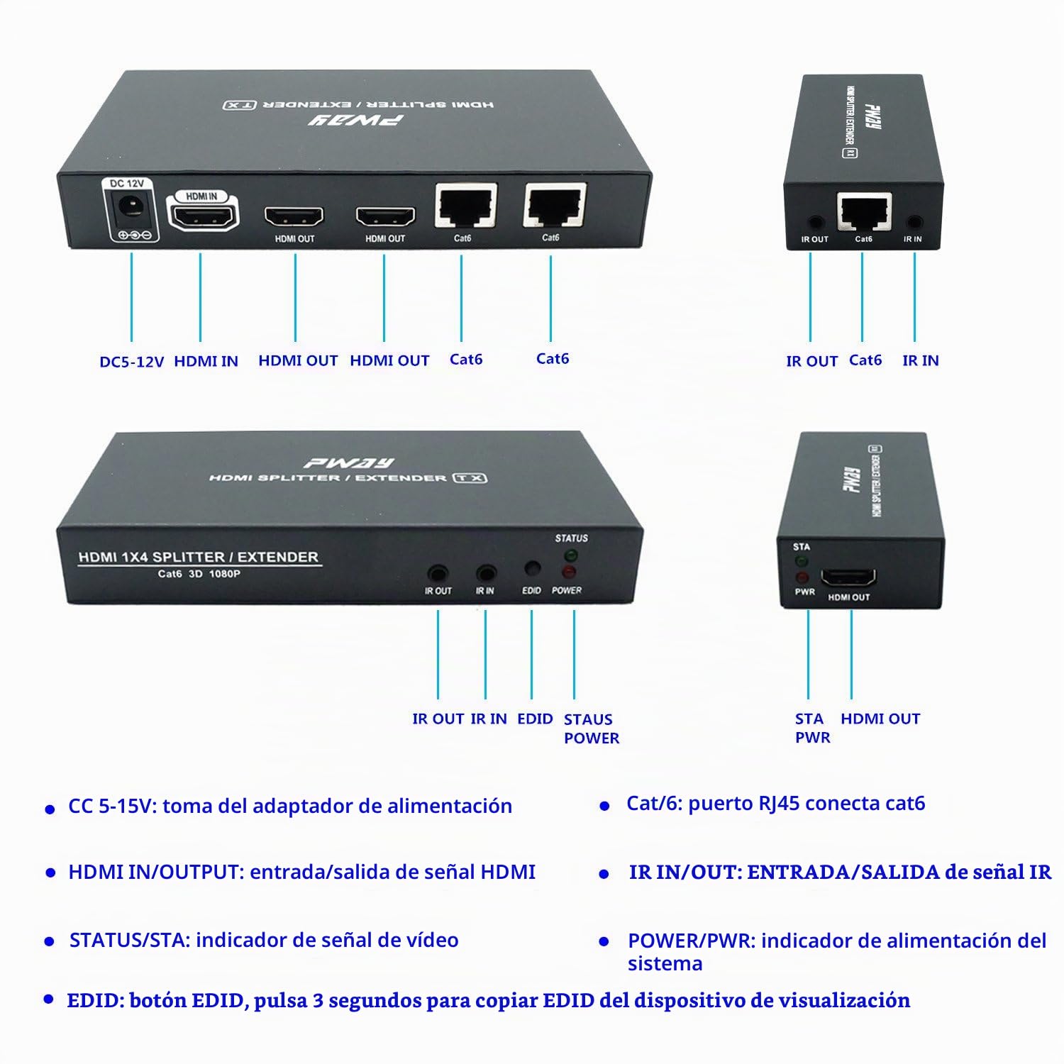 PW-HTS0102IR (POC) 1X2 Splitter HDMI Extensor de Divisor Puerto sobre Cat5e/Cat6 Cable Ethernet con Control Remoto IR Sin demora hasta 60m/196ft y Resolución hasta 1080P@60 Hz (1 In 2 out)