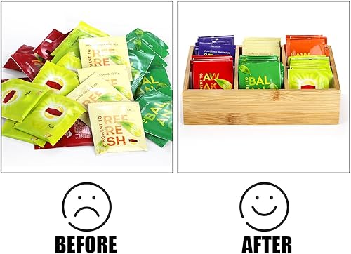 Miniatura 7 de Dicunoy Paquete de 2 organizadores de bolsas de té de bambú, almacenamiento de bolsas de té de madera para cajones con 6 compartimentos espaciosos,