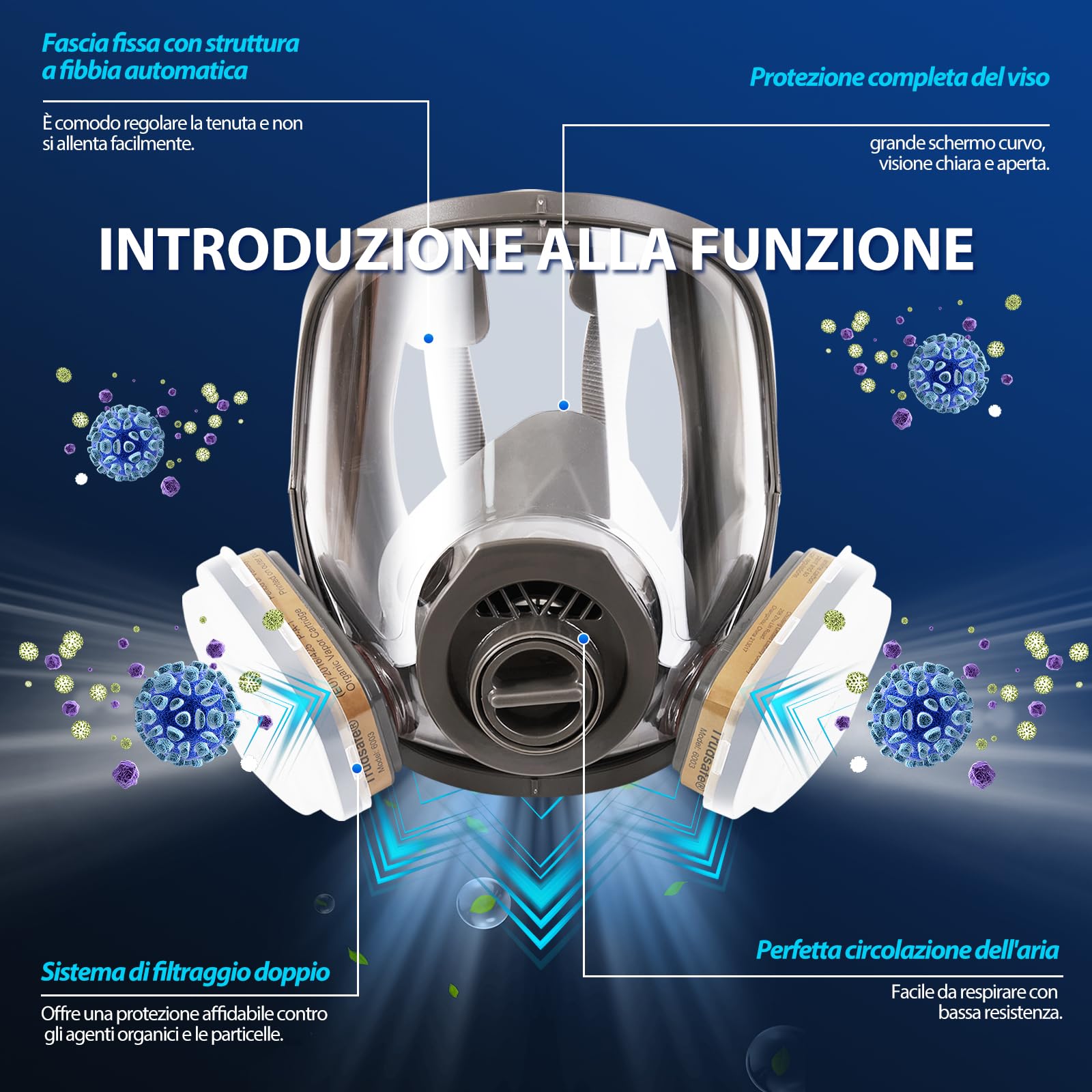 Trudsafe 25 in 1 6800 Maschera respiratoria integrale, casco di protezione facciale per dipingere, vapore e polvere organici, due tipi di connettori