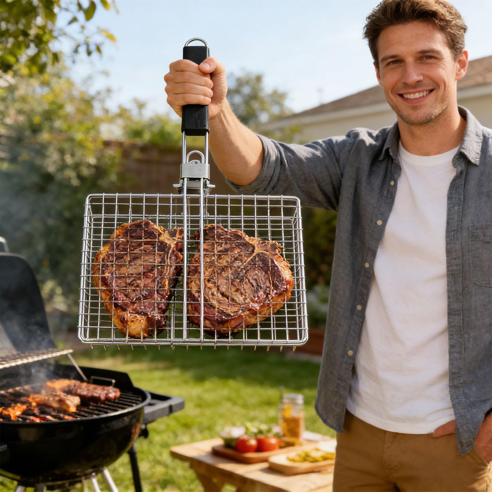 Koszyk do gotowania ryb ze stali nierdzewnej z klipsem blokującym, obracająca się konstrukcja do równomiernego ogrzewania na grillu Chal & Pellet Grills Outdoor Camping BBQ akcesoria