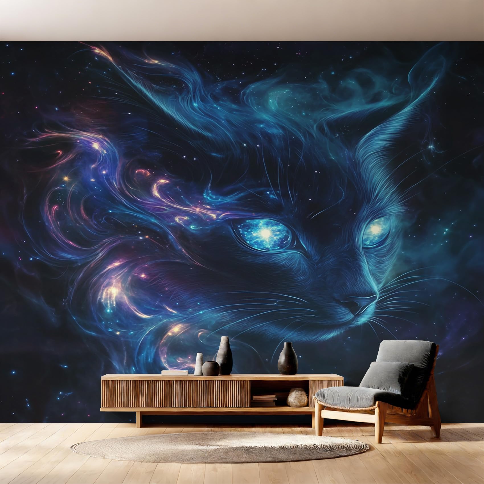 Papier peint panoramique chat bleu pour créer un nid douillet dans le salon