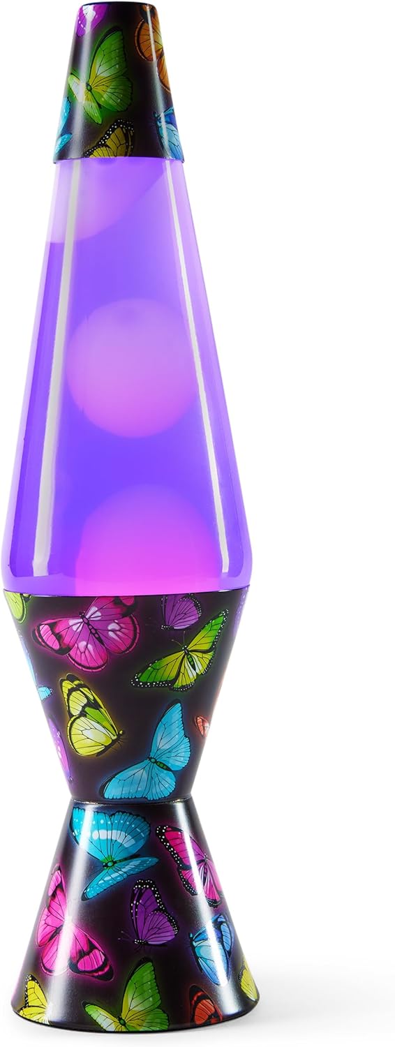 Spencer Gifts Lava® Lamp - 14.5" Bioluminescent Butterflies - The Original Motion Lamp - Pink Wax and Purple Liquid with Printed Base Exclusive