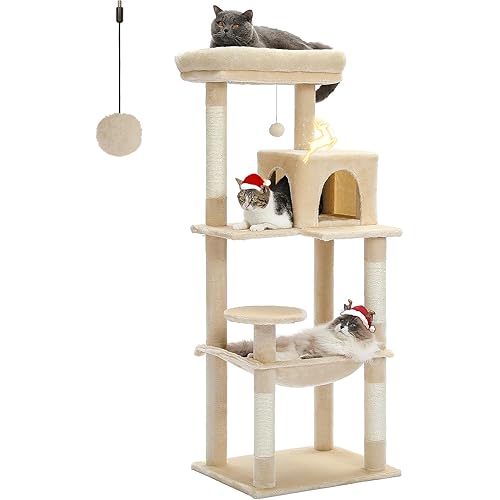 PETEPELA 56.3 Inches Multi-Level Cat Tree Cat Tower with Sisal Covered Scratching Posts, Comfort Condo, Extra Large Hammock and Plush Perches Beige