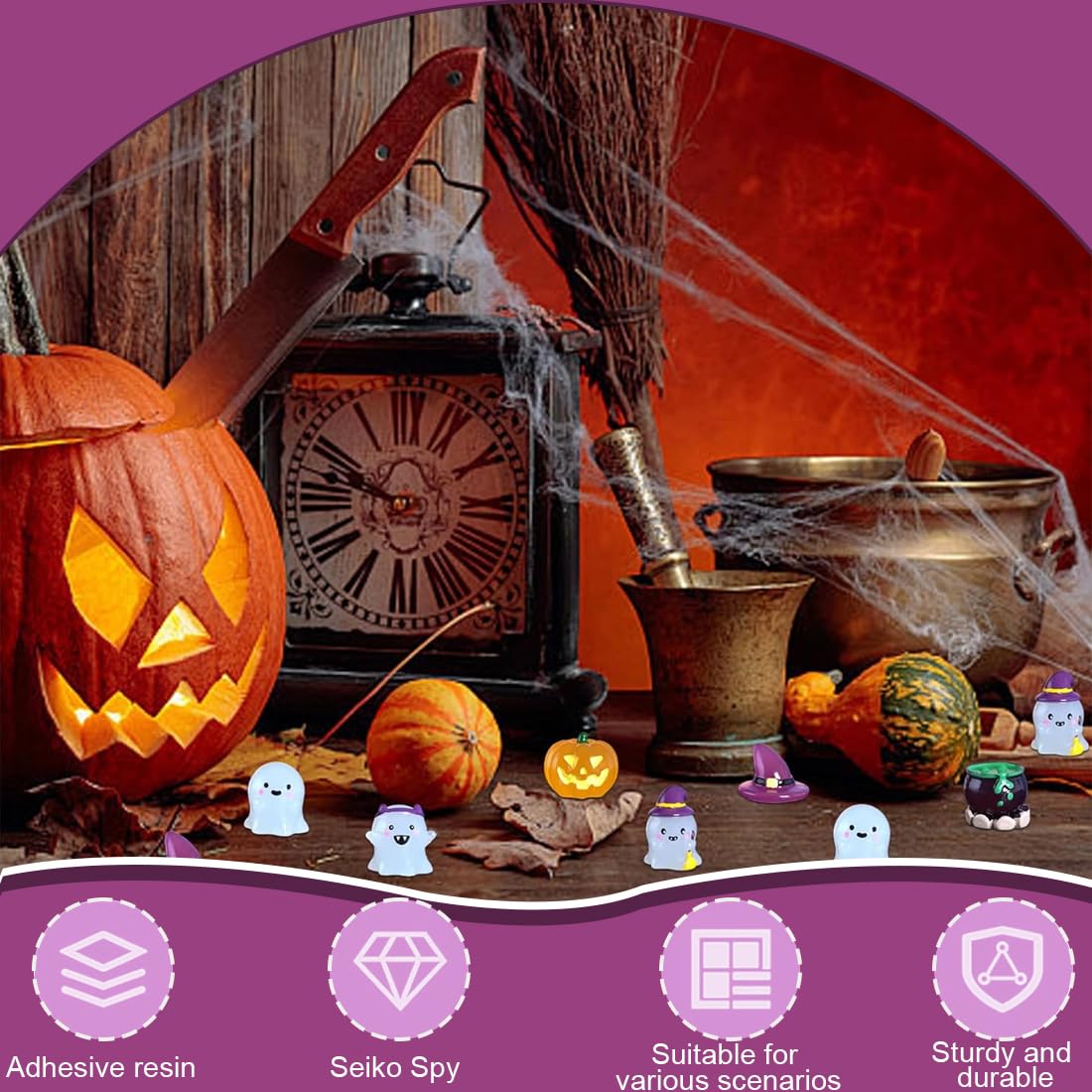Lot de 12 Miniatures lumineuses d'Halloween, figurines en résine Citrouilles et crânes qui brillent dans l'obscurité