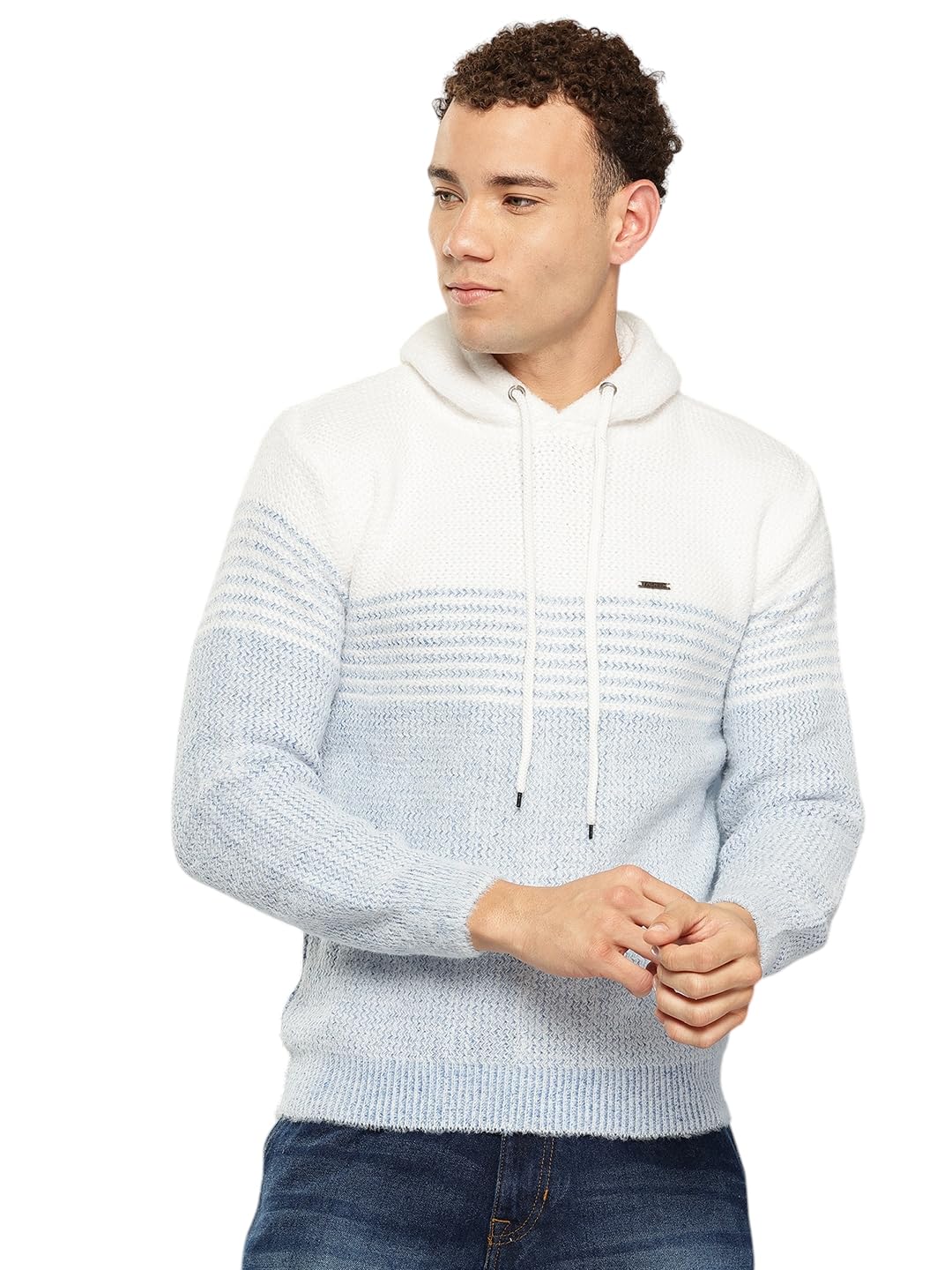 Mens Winter Wear White-Peach Colour Solid Woolen Hoodie-image-0