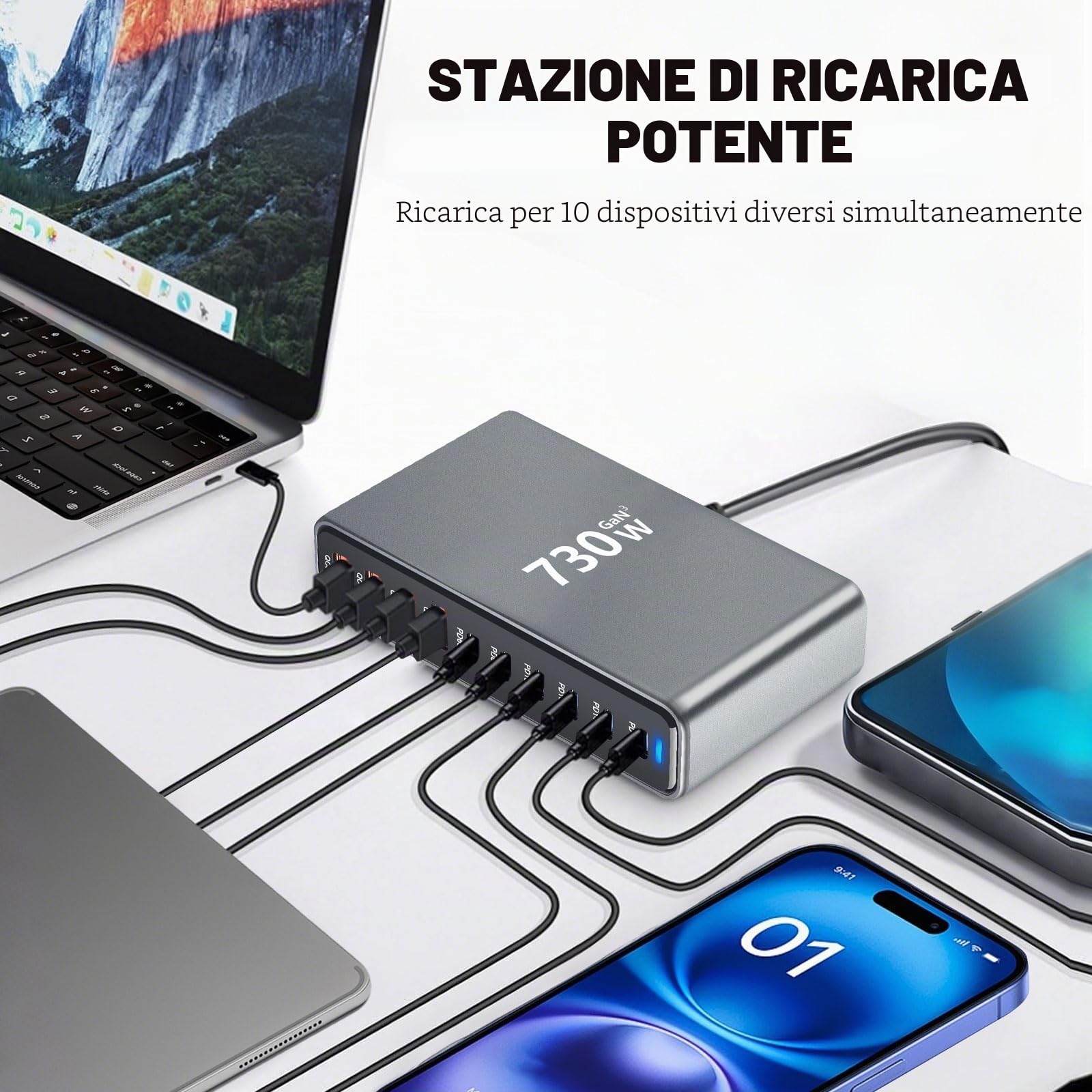 730W Caricatore USB Multiplo - 10 Porte (6 USB-C + 4 USB-A) con Ricarica Rapida, Stazione di Ricarica Compatta per Multi Dispositivi, Compatibile con MacBook, iPad, iPhone 16/15/14, Galaxy S22/S20