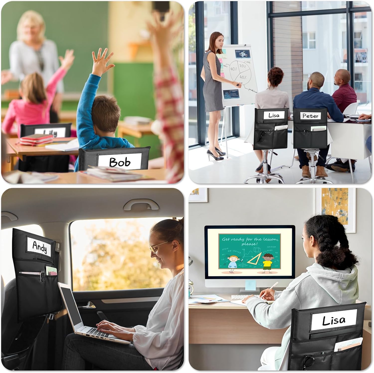 24 Pack Chair Pockets for Classrooms, 16" X 19" Seat Pockets for Classroom Chairs K-2, Chair Bags Organizer with Name Tag for Student Classroom Chair Back Storage in School-Black